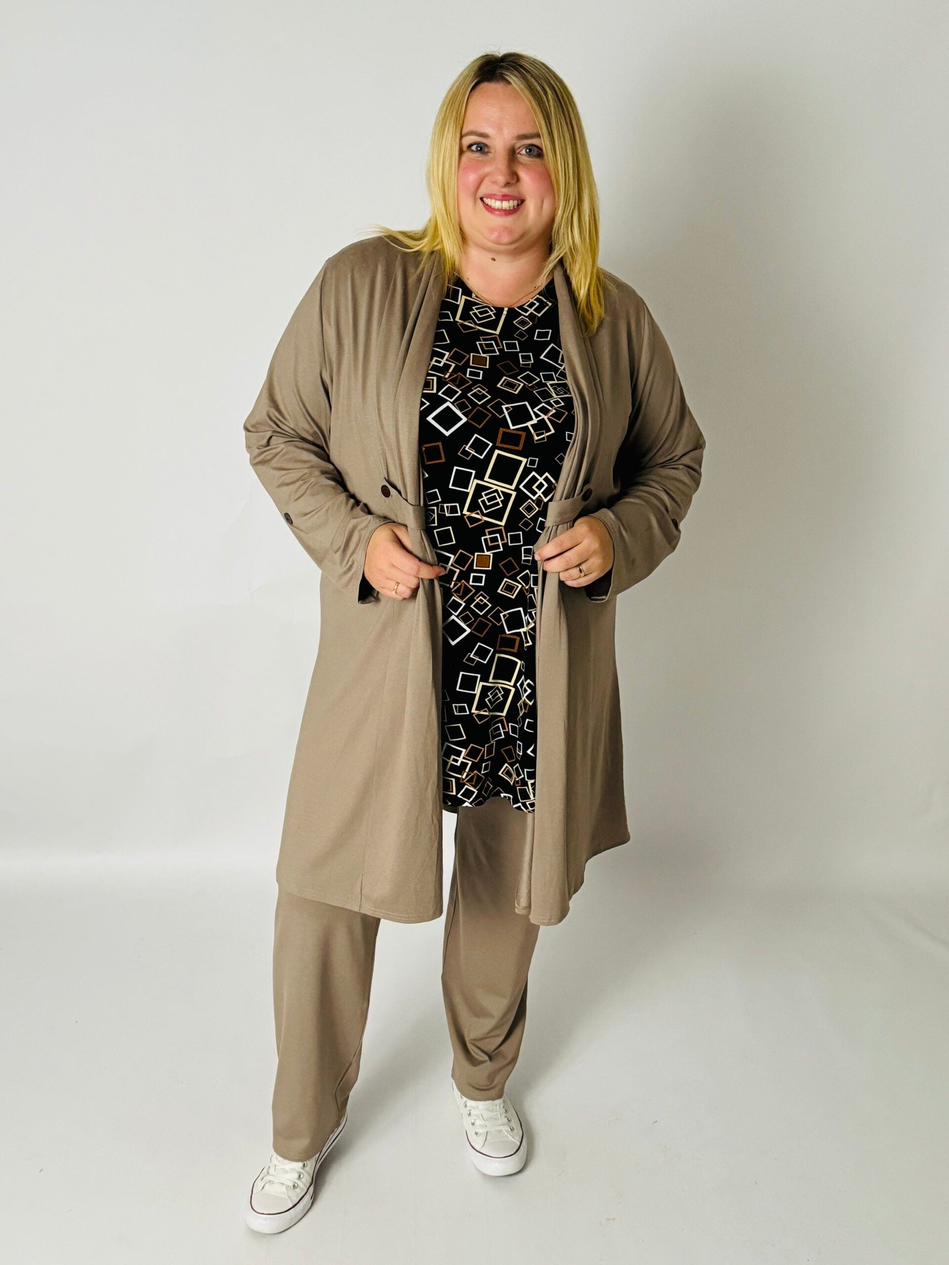T-shirt Eva viscose met print vierkantjes bruin 90cm