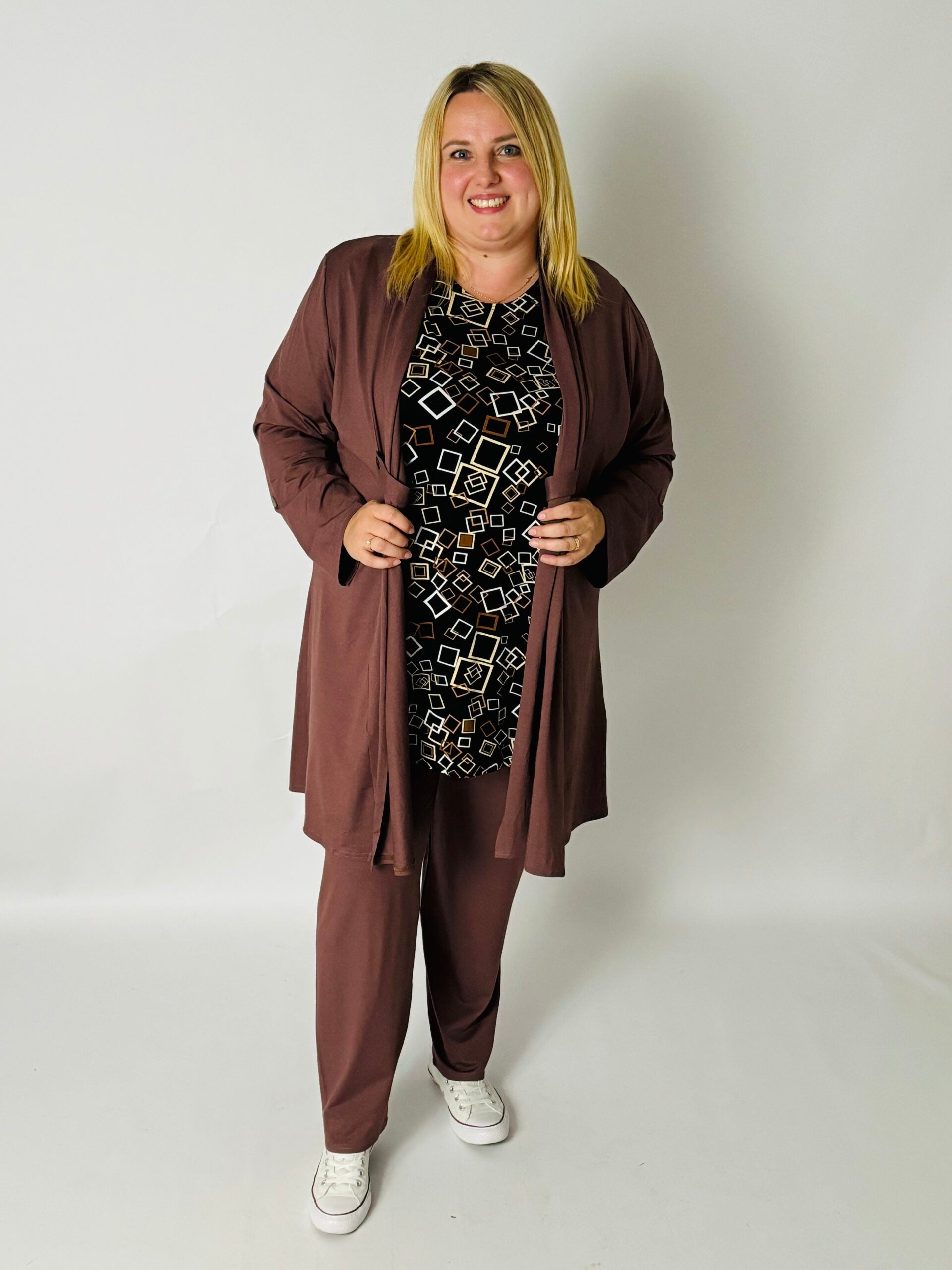 T-shirt Eva viscose met print vierkantjes bruin 90cm