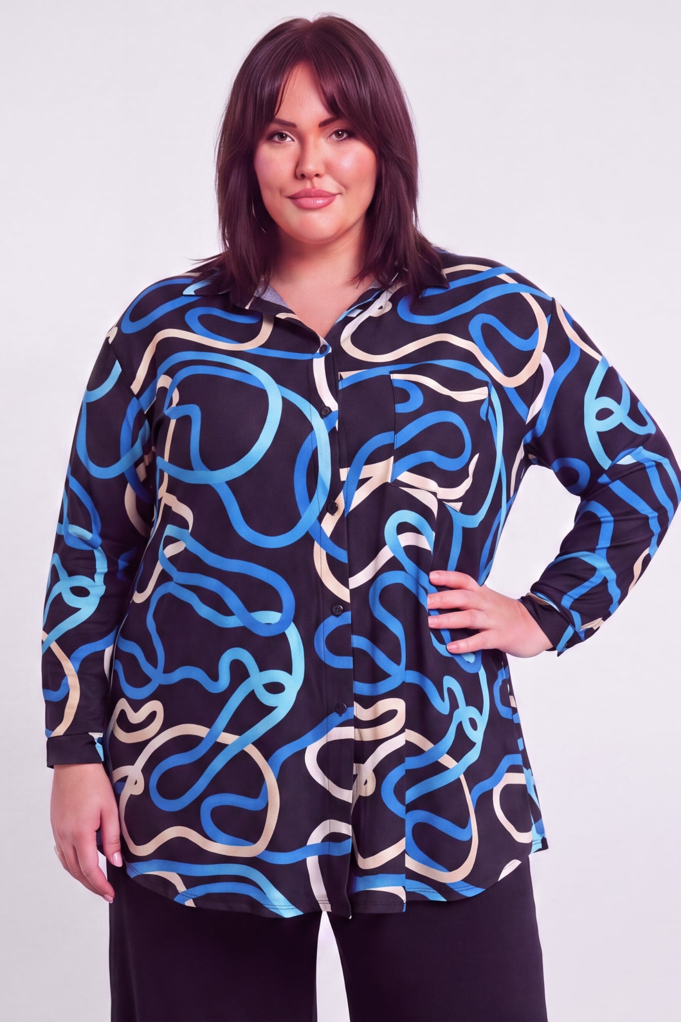 Blouse Tonny | A-lijn | Lange mouw | Kobalt Lines | Kimo stof | 90cm