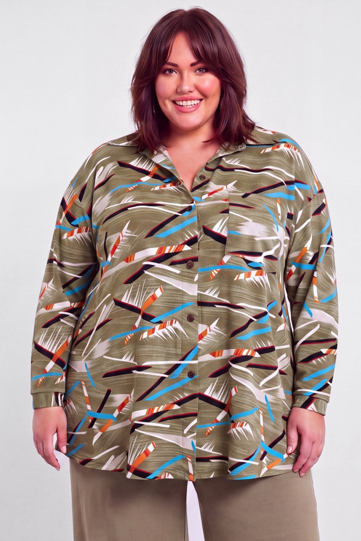 Blouse Tonny | A-lijn | Lange mouw | Olive Escape | Kimo stof | 90cm