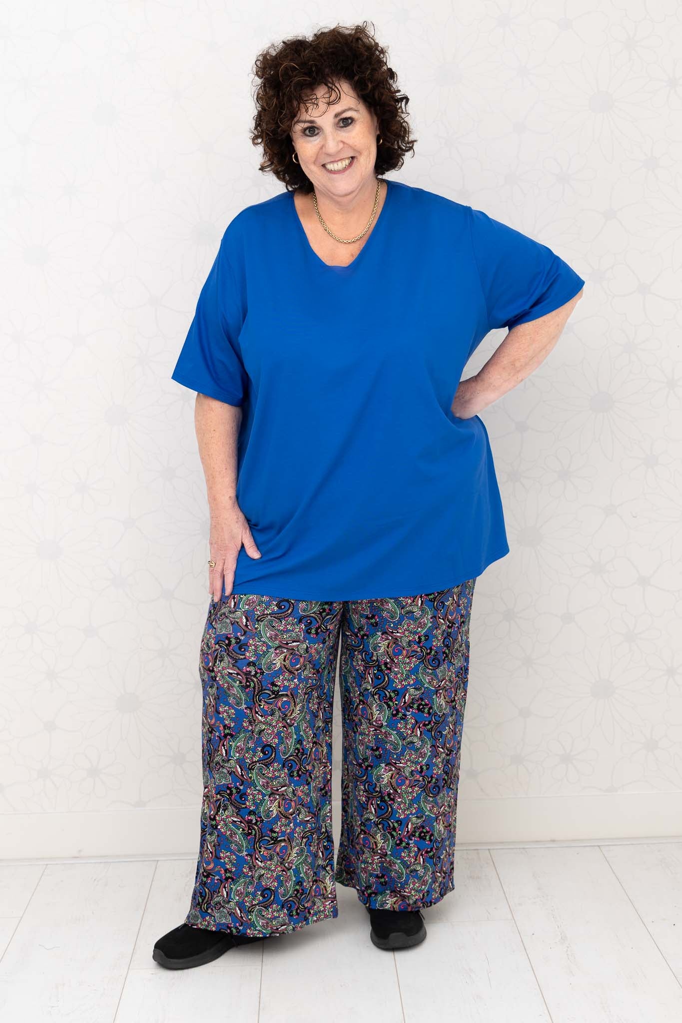 Wijde broek Judith - paisley groen kobaltblauw - Viscose - binnenbeenlengte ca. 70/72 cm