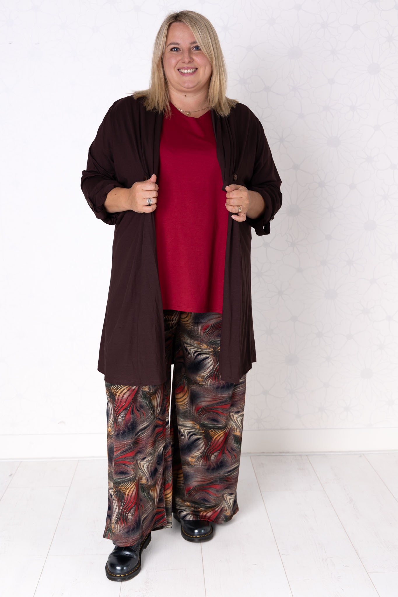 Wijde Broek Suzette | Golven Bruin Rood | Modal