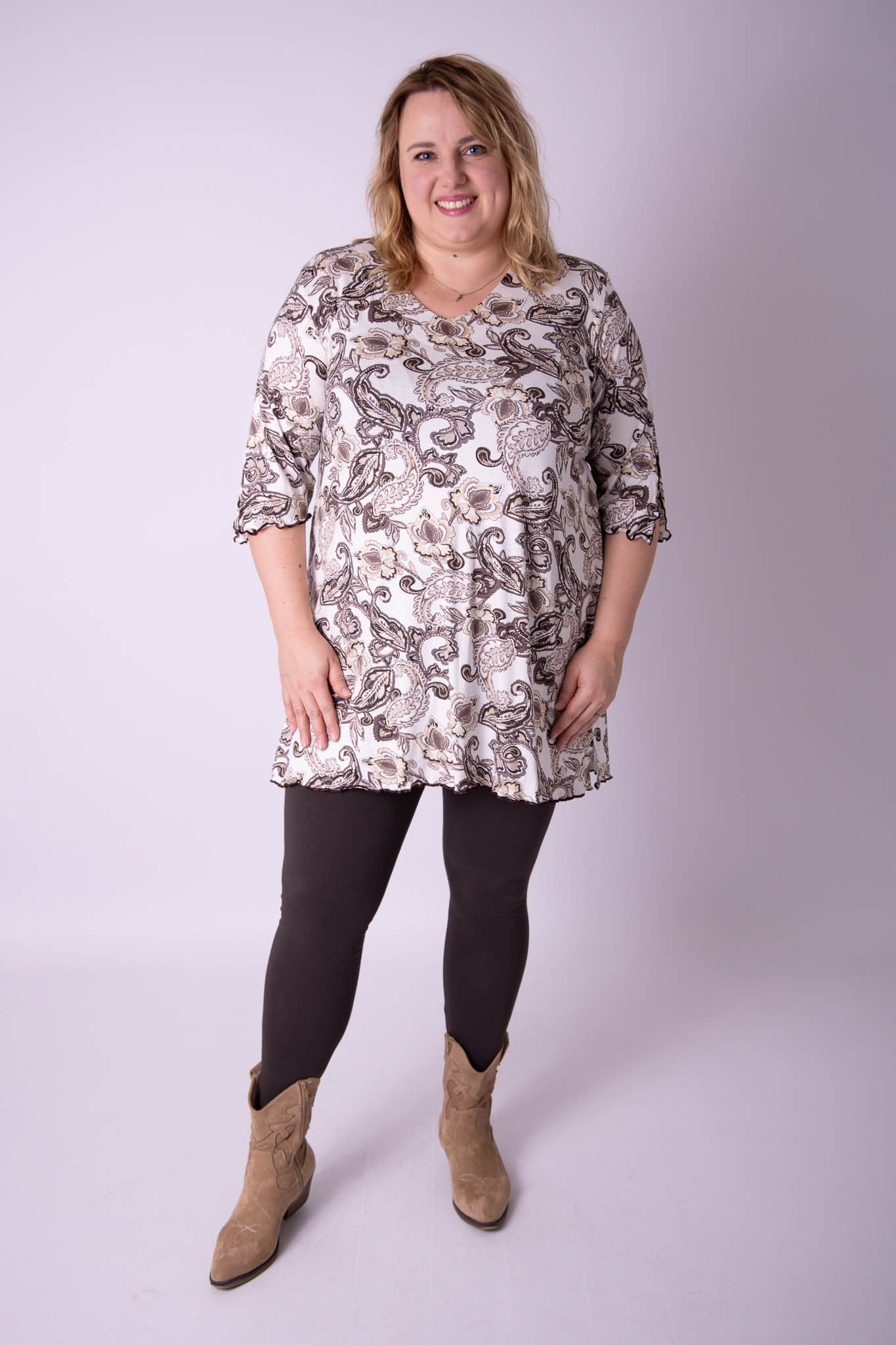 Top Erna driekwart mouwen bruin crème viscose 90 cm