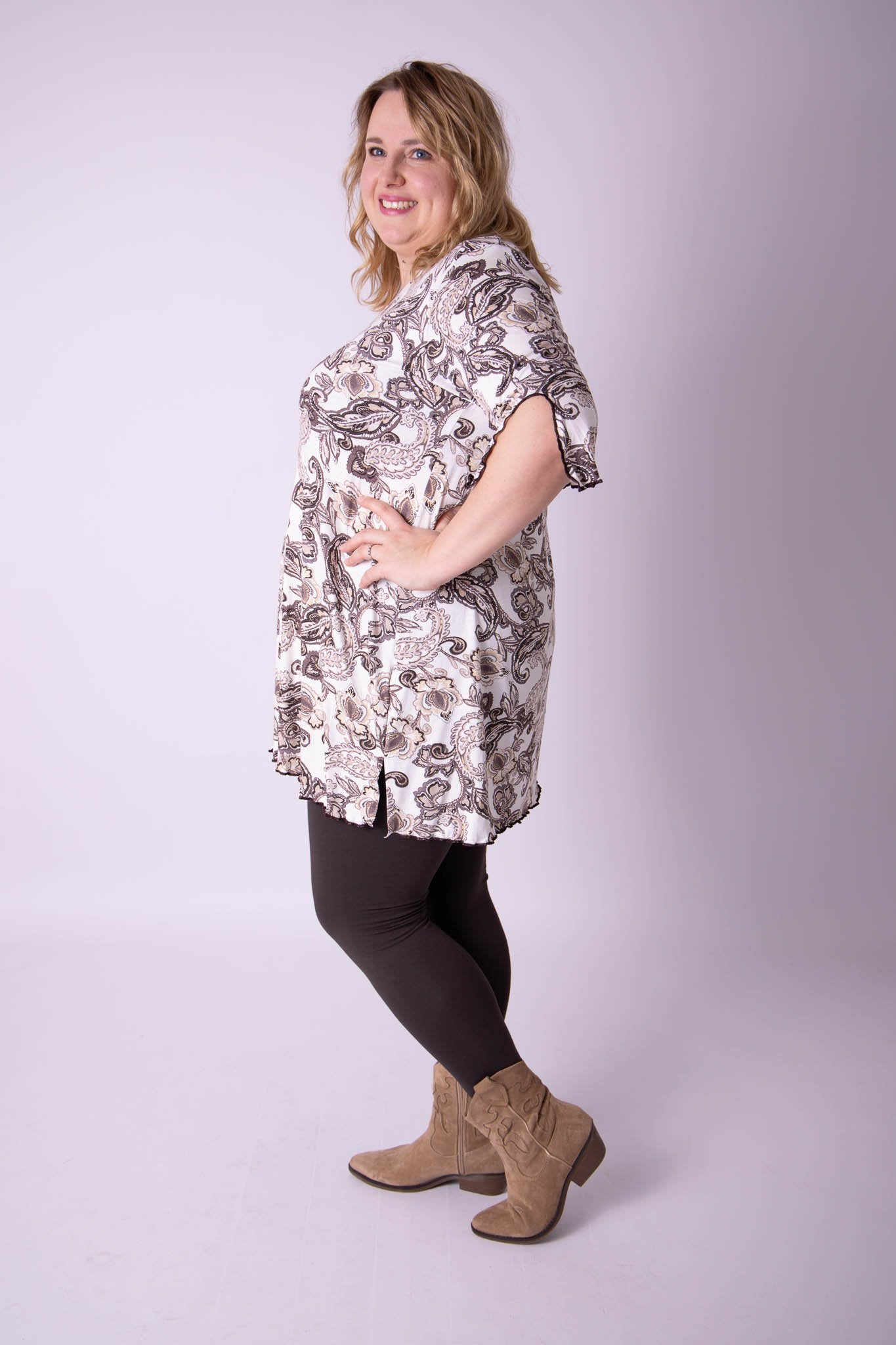 Top Erna driekwart mouwen bruin crème viscose 90 cm