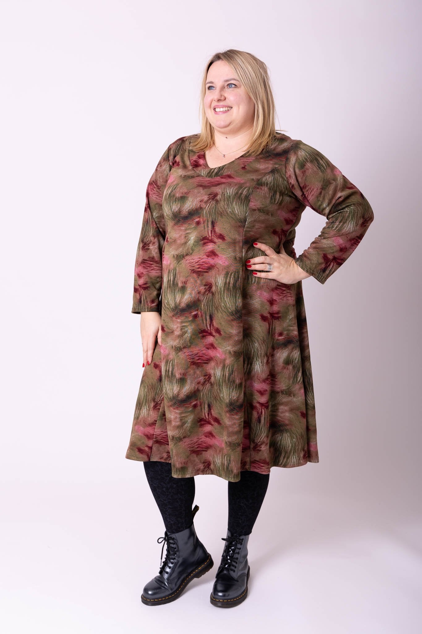 Jurk Bella prinsessen-lijn paars en olijfgroen 115 cm Modal maten 46-52