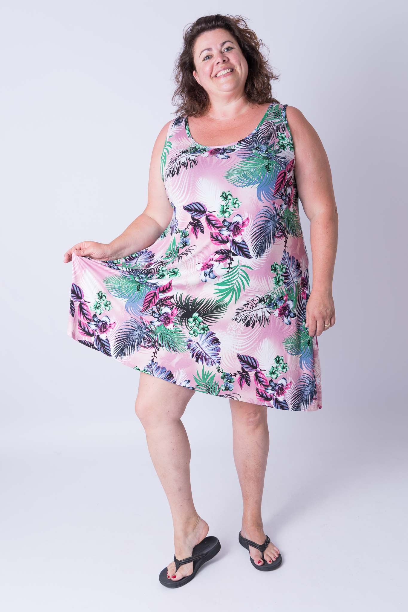 Jurk Gwen A-lijn roze tropisch 105 cm viscose