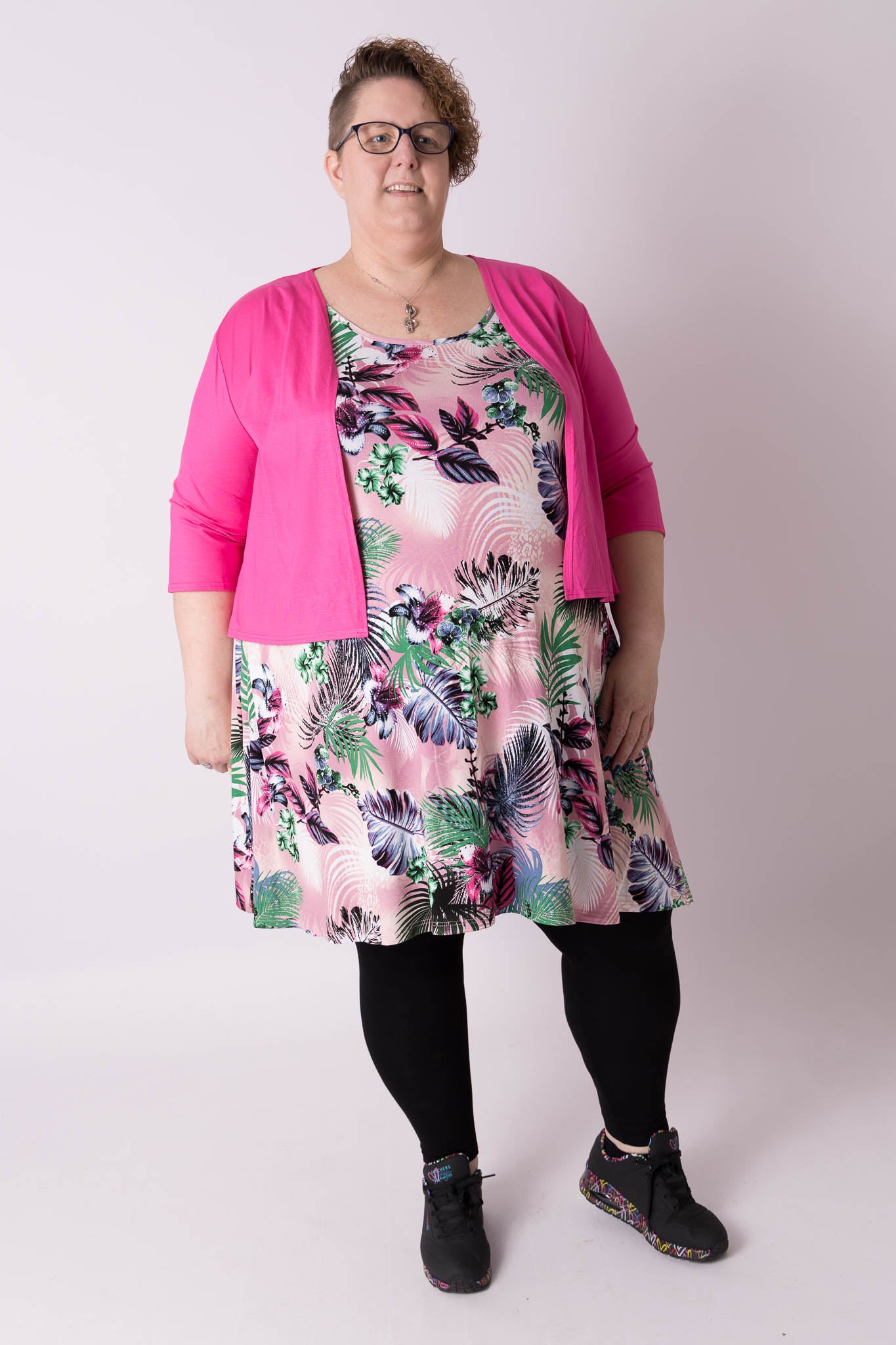 Jurk Gwen A-lijn roze tropisch 105 cm viscose
