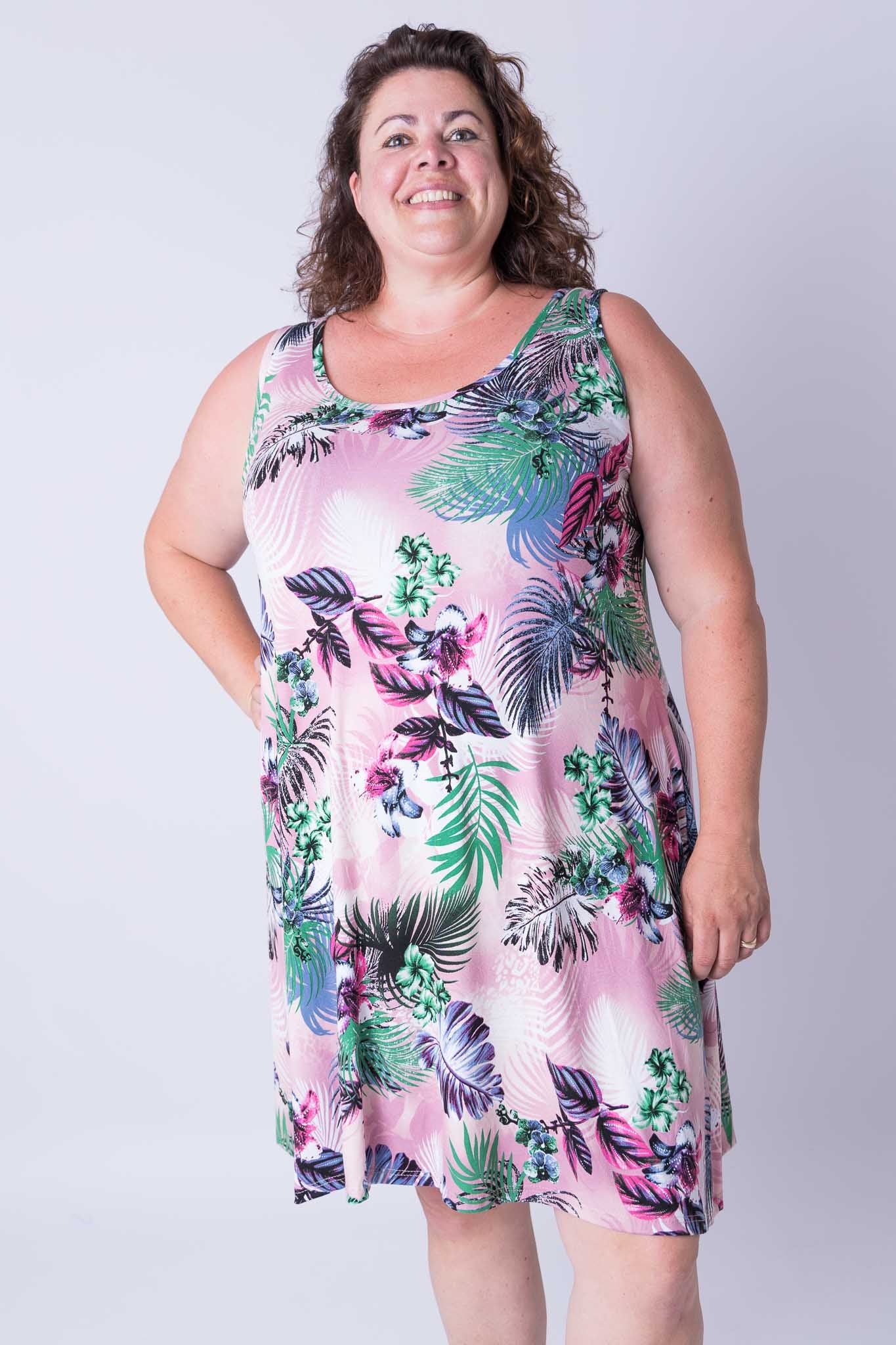 Jurk Gwen A-lijn roze tropisch 105 cm viscose