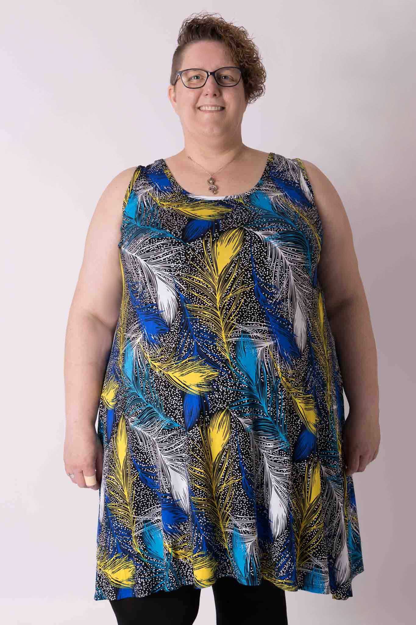 Jurk Gwen A-lijn veren kobalt geel turquoise 105 cm viscose