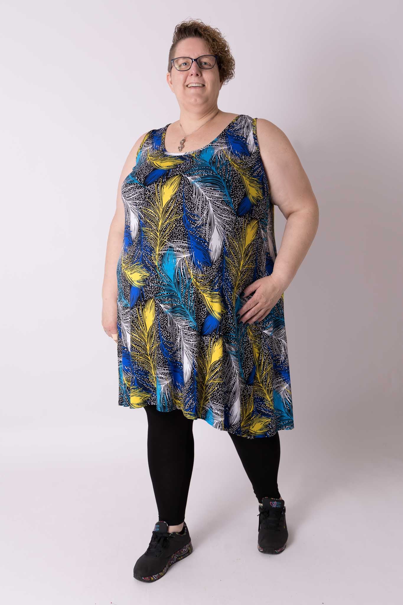 Jurk Gwen A-lijn veren kobalt geel turquoise 105 cm viscose