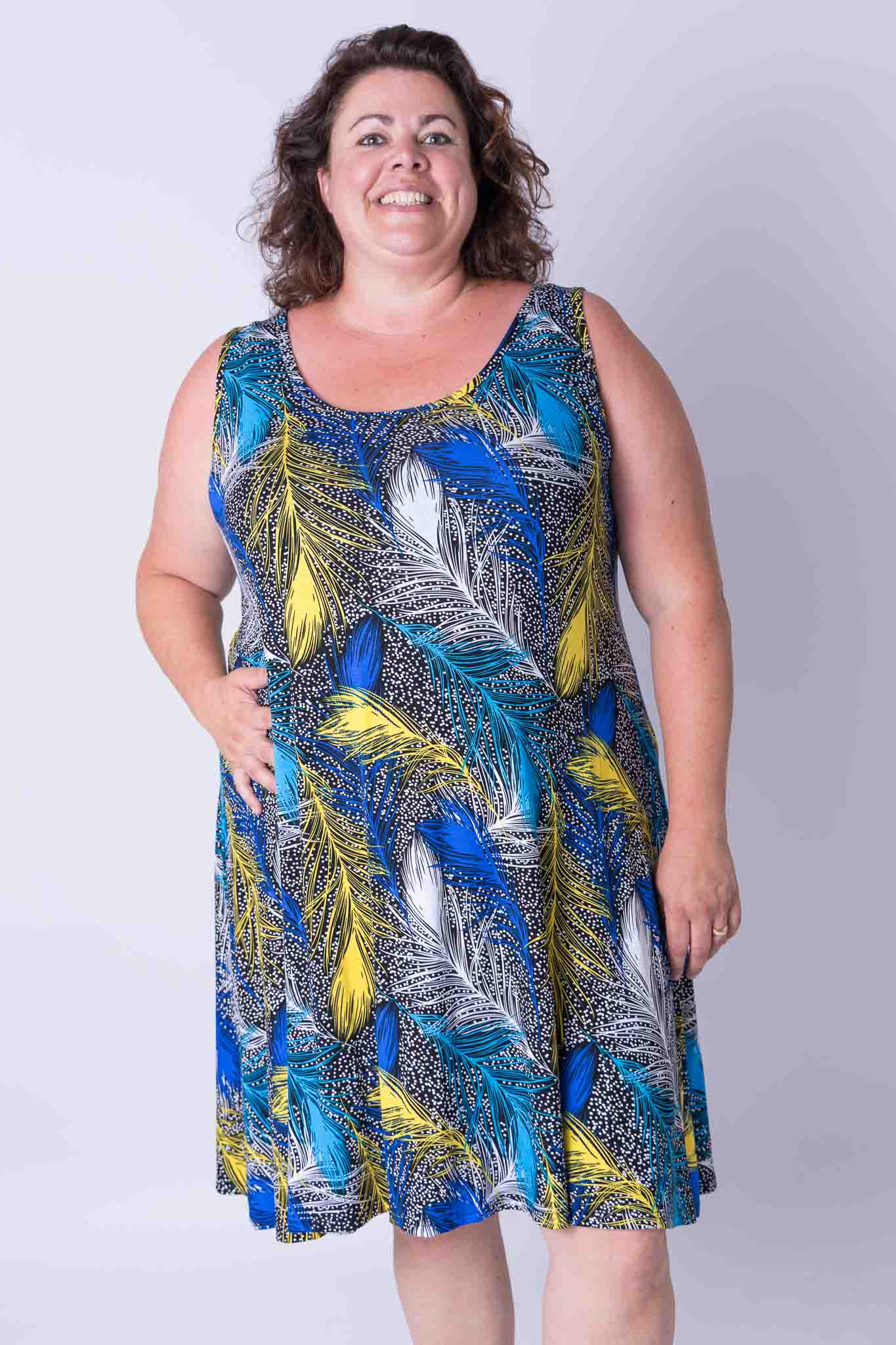 Jurk Gwen A-lijn veren kobalt geel turquoise 105 cm viscose