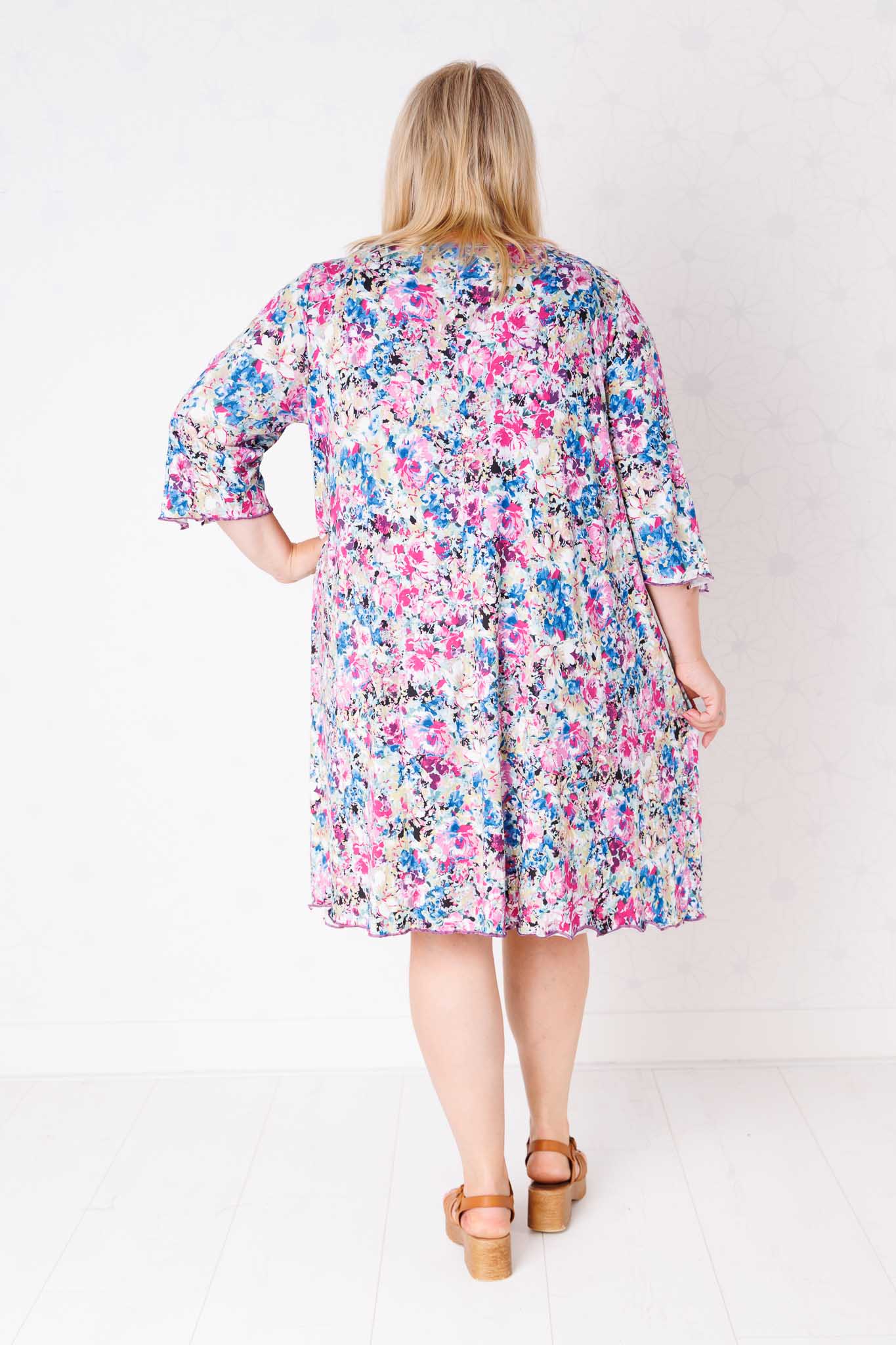 Jurk Linda-bloemen roze blauw-viscose-105 cm lang