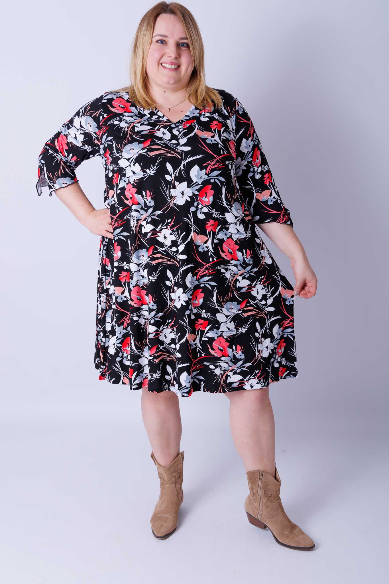 Jurk Linda rode witte bloemen op zwart viscose 105 cm