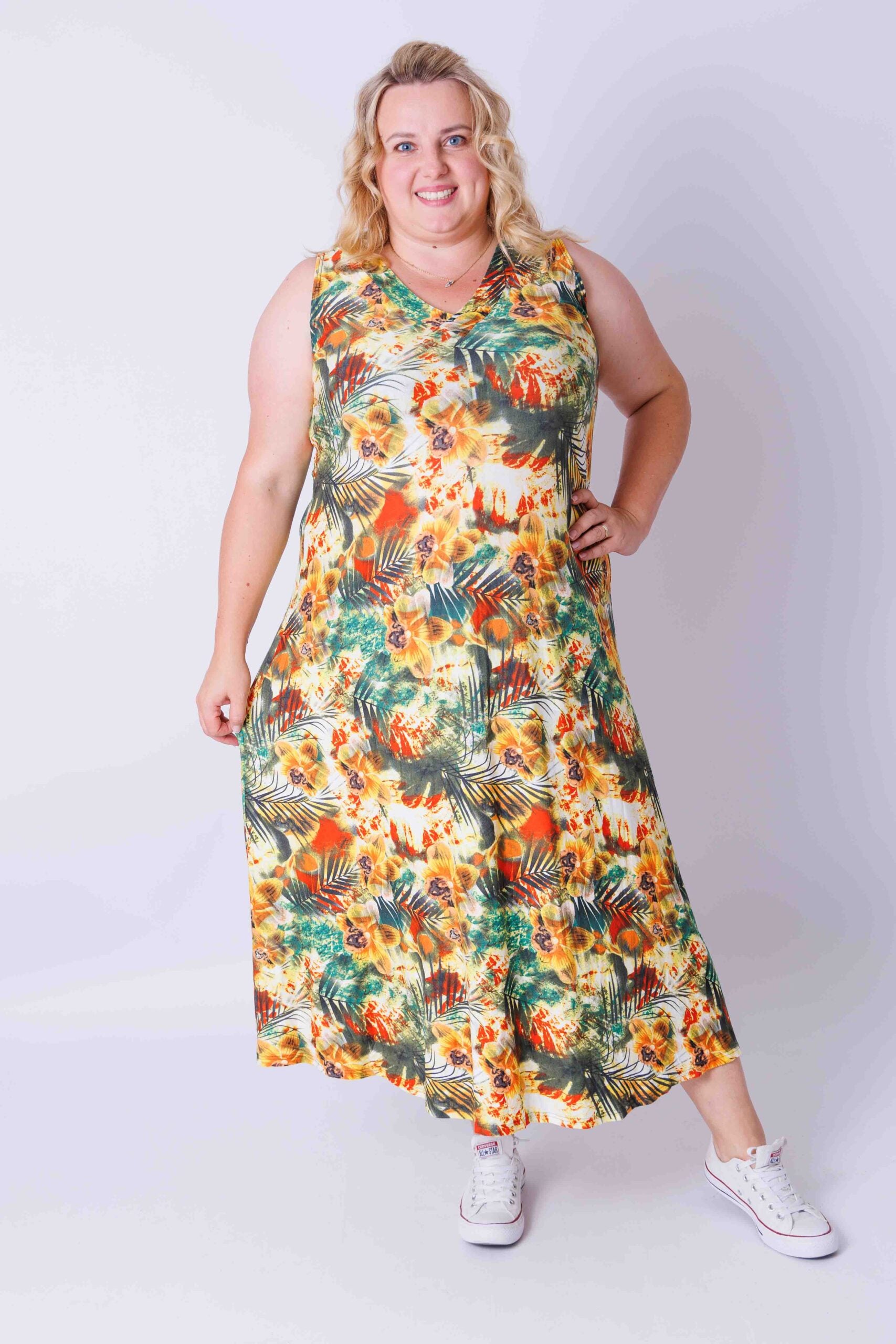 Maxi jurk mouwloos tropisch bladeren viscose ca 130-135 cm