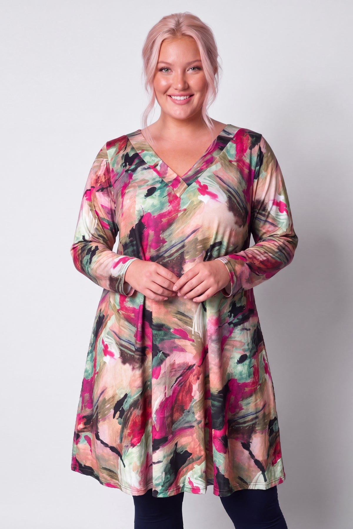 Jurk Ingrid | Tropical Watercolor | Soft Knit Ibiza | A-lijn | V-hals | 105 cm (kopie)