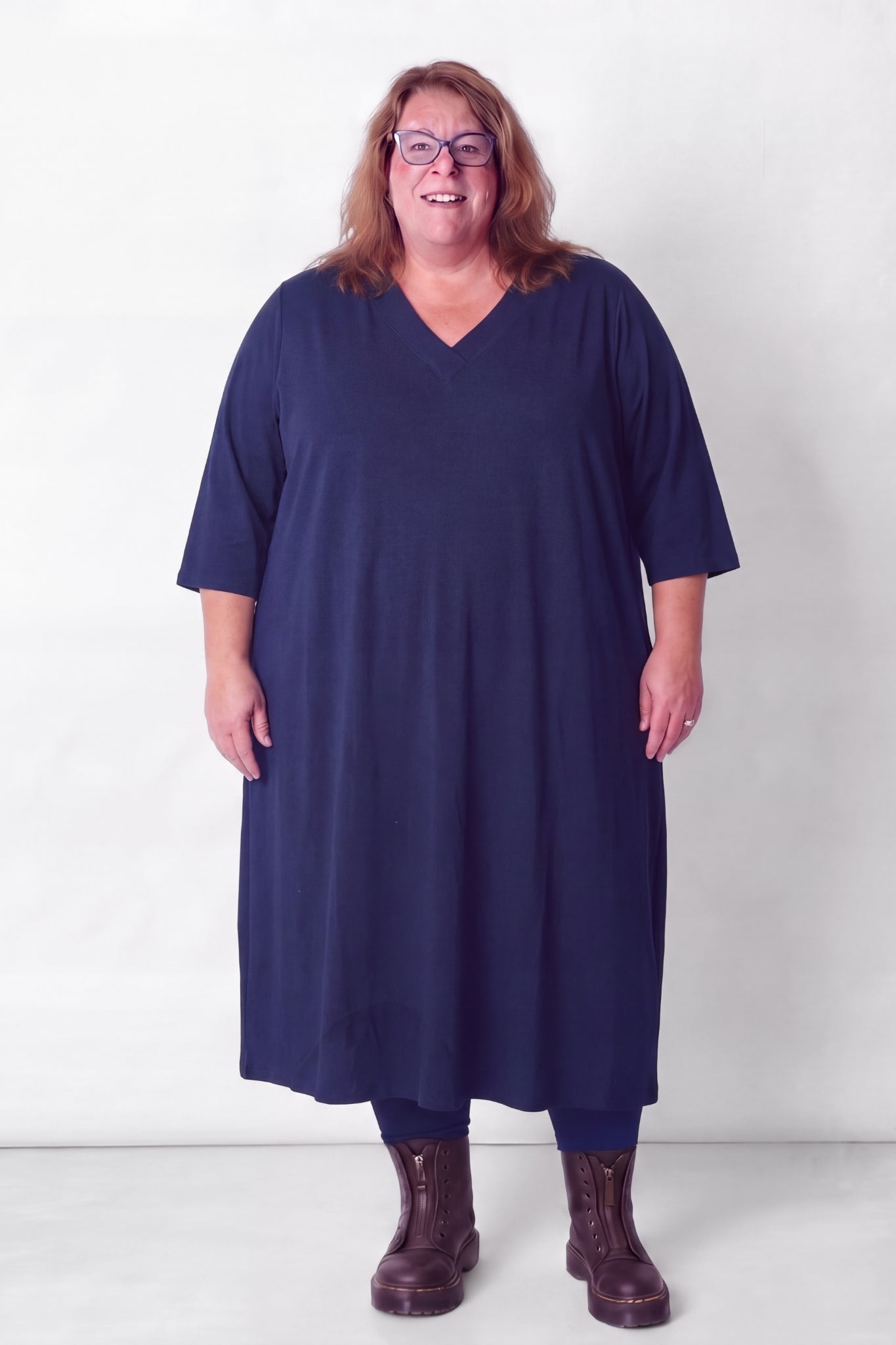 Wijde A-lijn Jurk Ingrid | V-hals | Viscose Single Jersey | 3/4 Mouw | 120cm