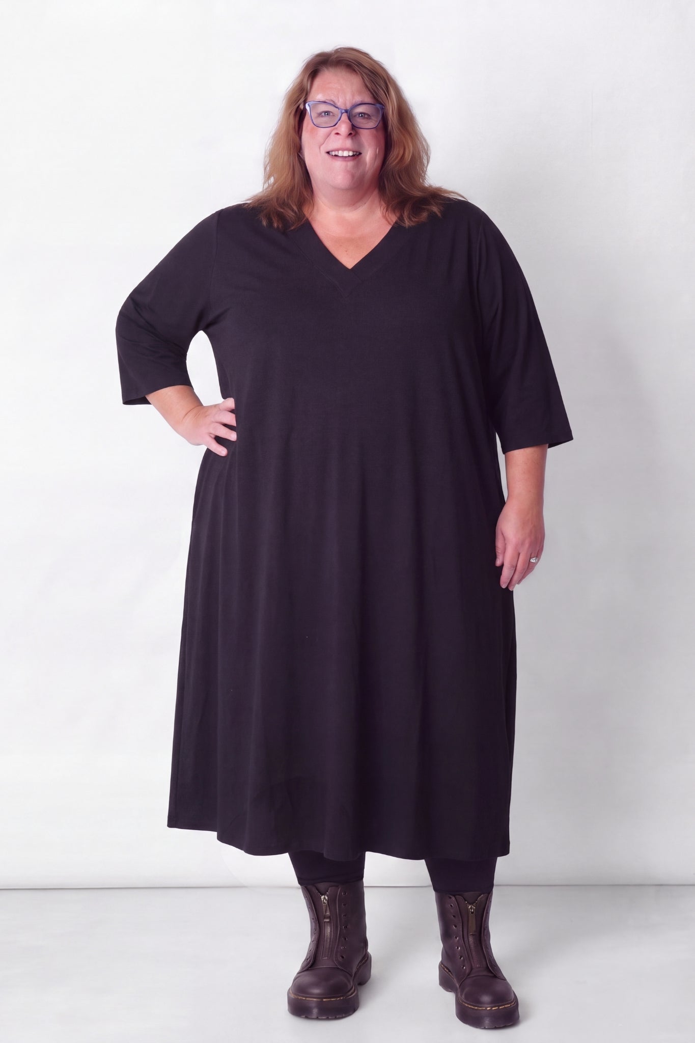 Wijde A-lijn Jurk Ingrid | V-hals | Viscose Single Jersey | 3/4 Mouw | 120cm