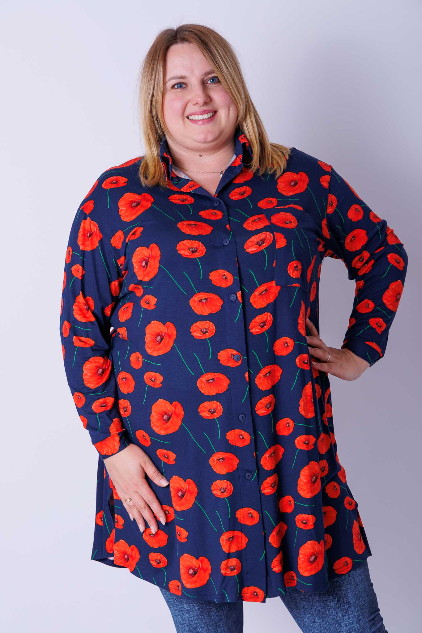 Lange A-lijn blouse Tonny klaprozen viscose 105 cm
