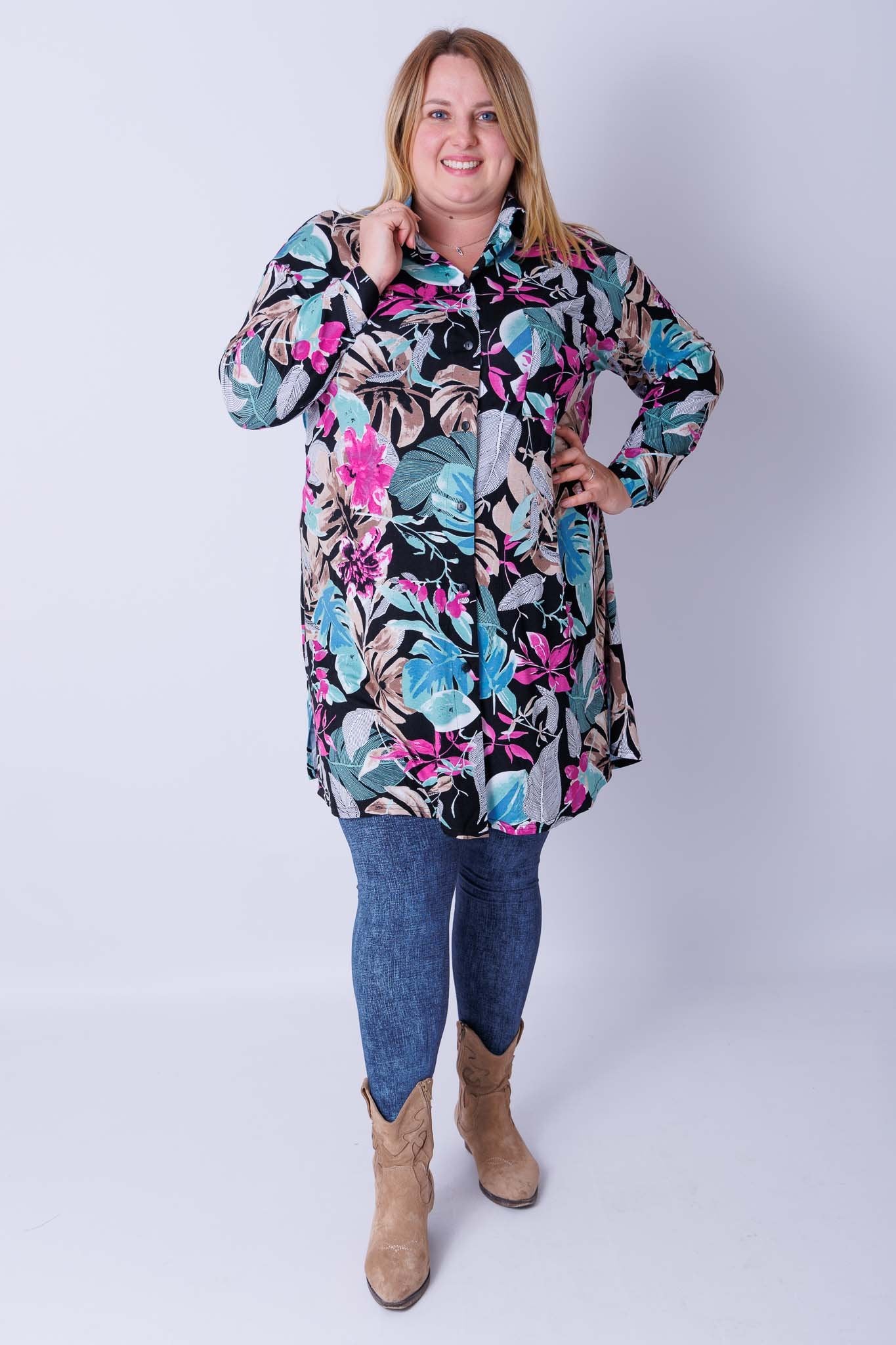 Lange A-lijn blouse Tonny paarse bloemen viscose 105 cm