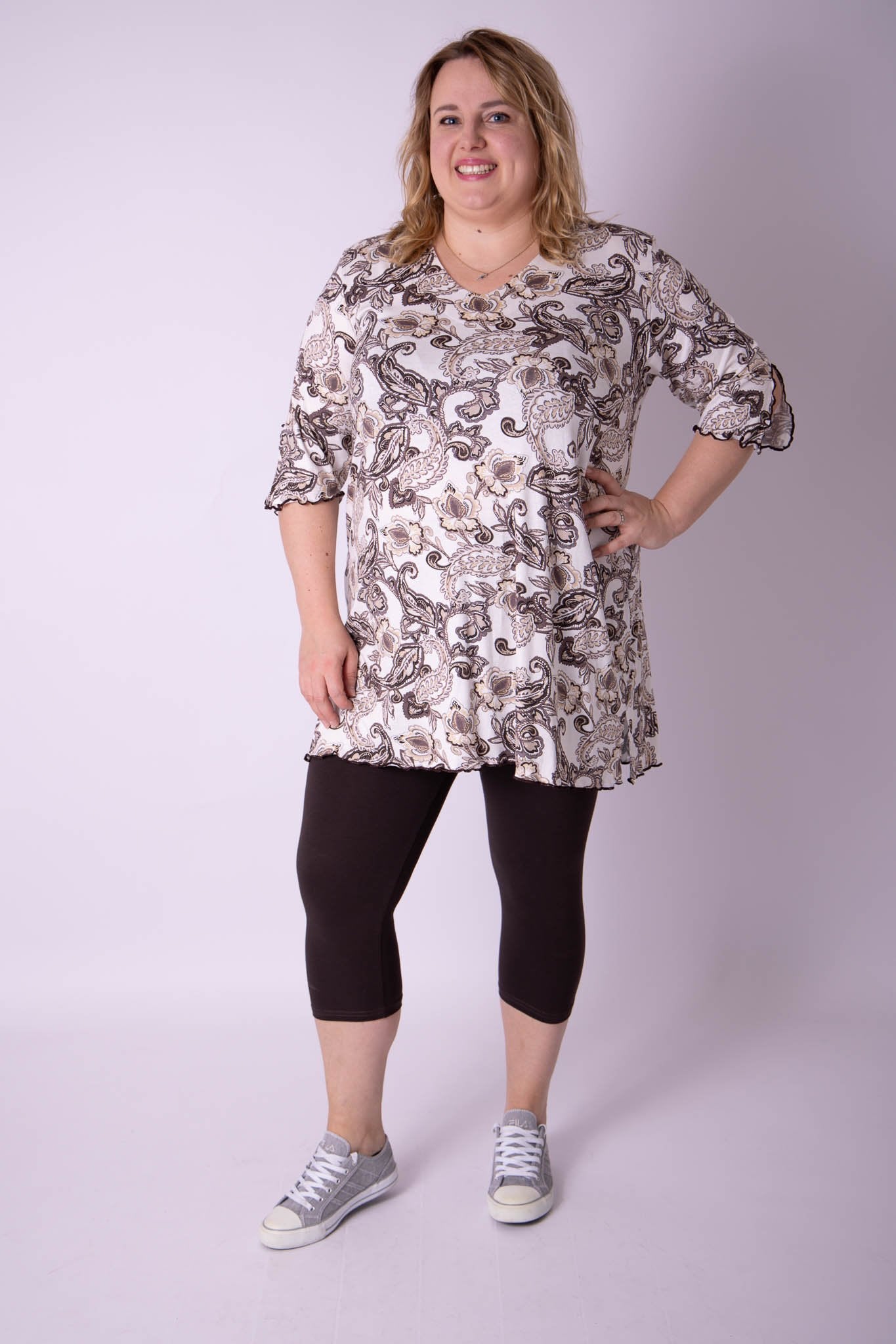 Top Erna driekwart mouwen bruin crème viscose 90 cm