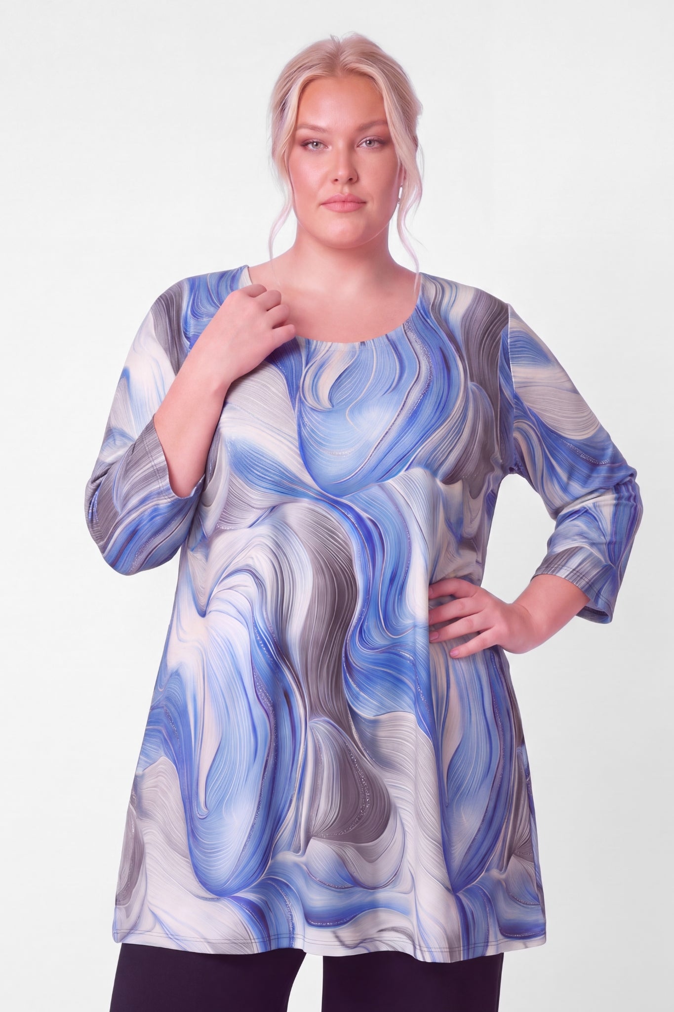 Wijd A-lijn Shirt Durkje | Blue Marble | ITY | 3/4 Mouw | 96 cm