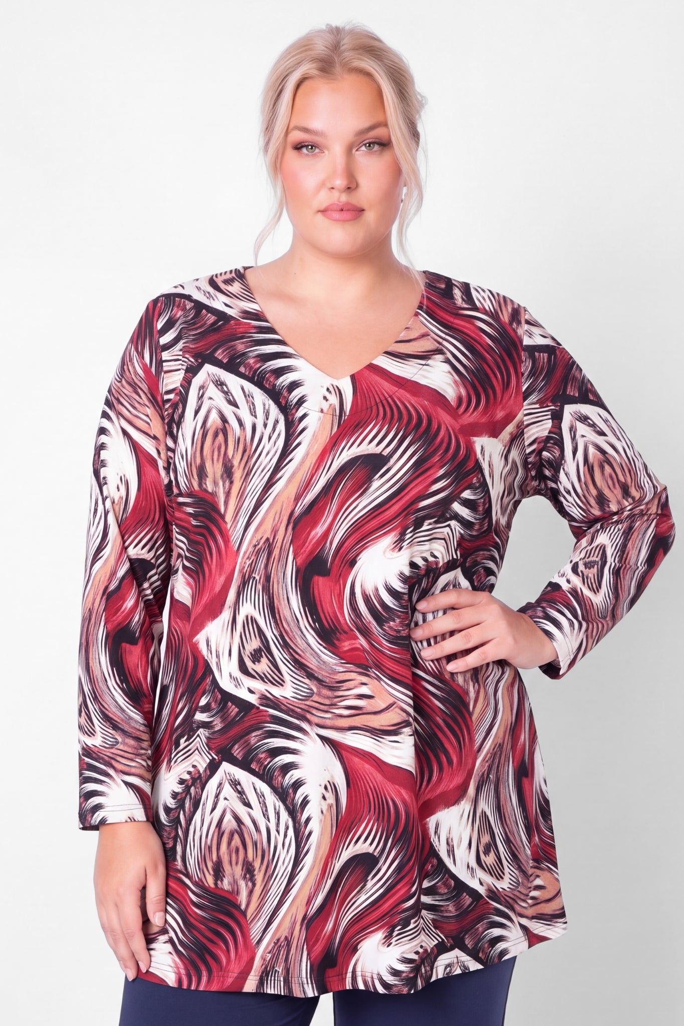 Longshirt Erna | Bordeaux Swirl | Recht Model | Soft Knit | Lange Mouw | 90cm