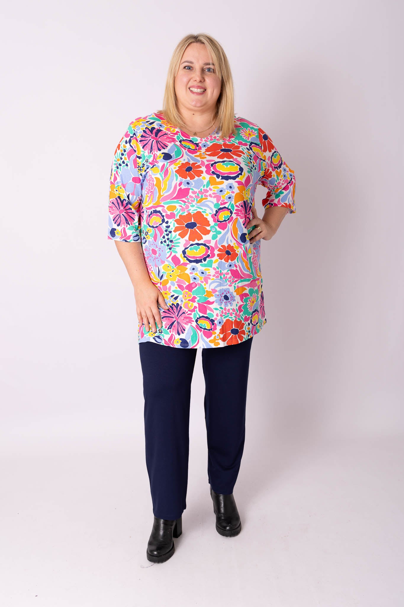 T-shirt Eva viscose met print gekleurde bloemen 90cm