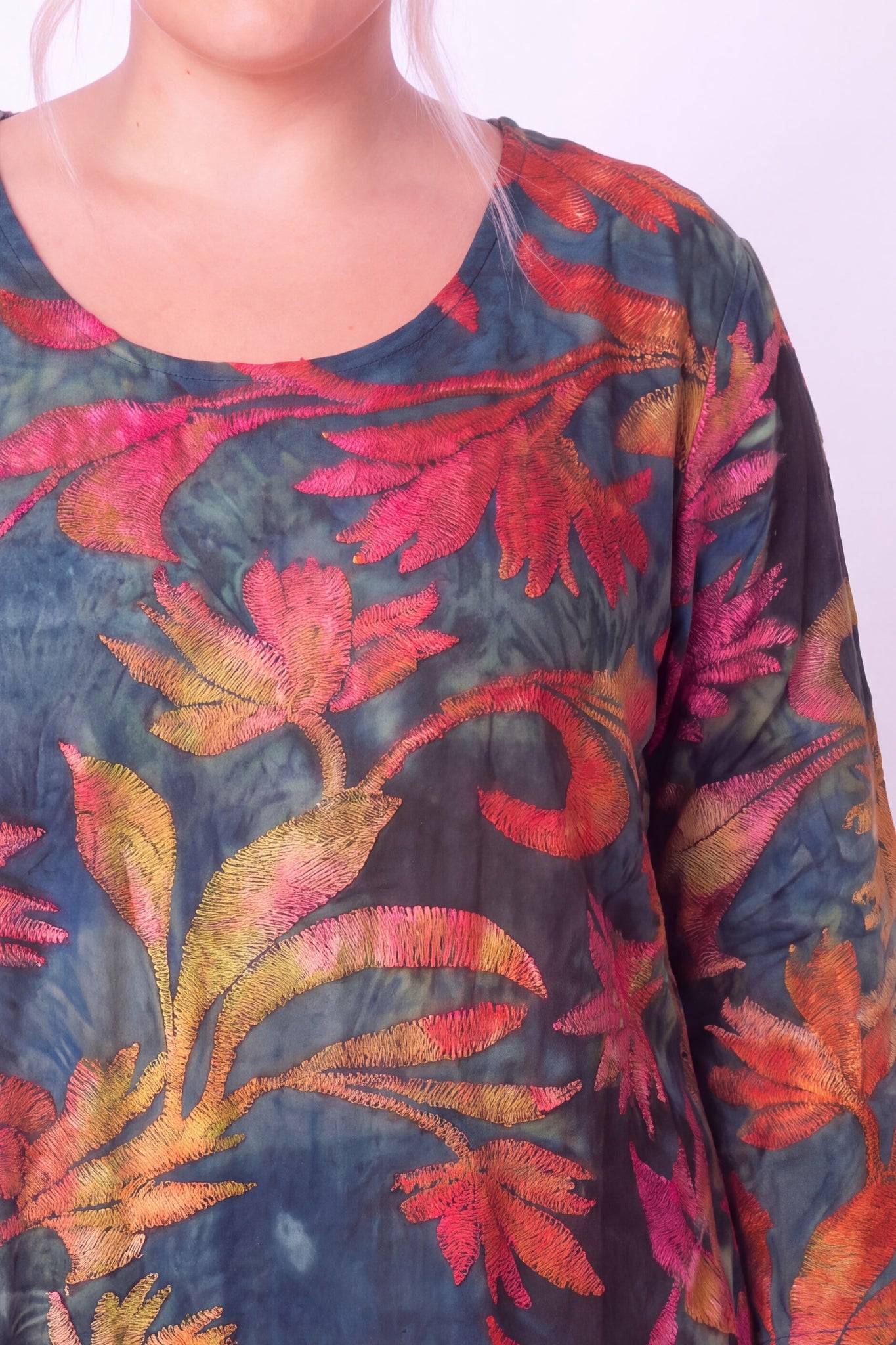 Wijd A-lijn Shirt Durkje | Autumn Flowers | 3D Structuurstof | 3/4 Mouw | 86 cm