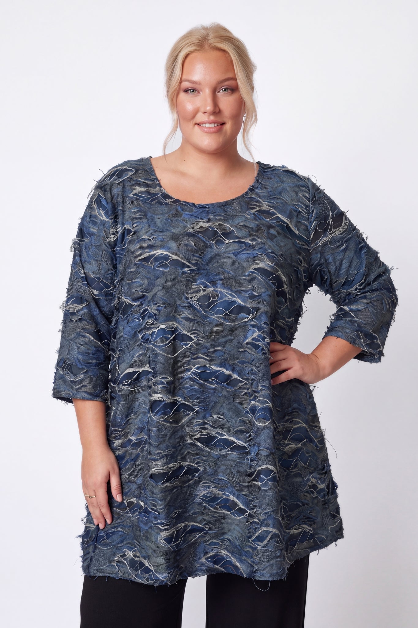 Wijd A-lijn Shirt Durkje | Denim Shadow | Gelaagde 3D-stof | 96cm