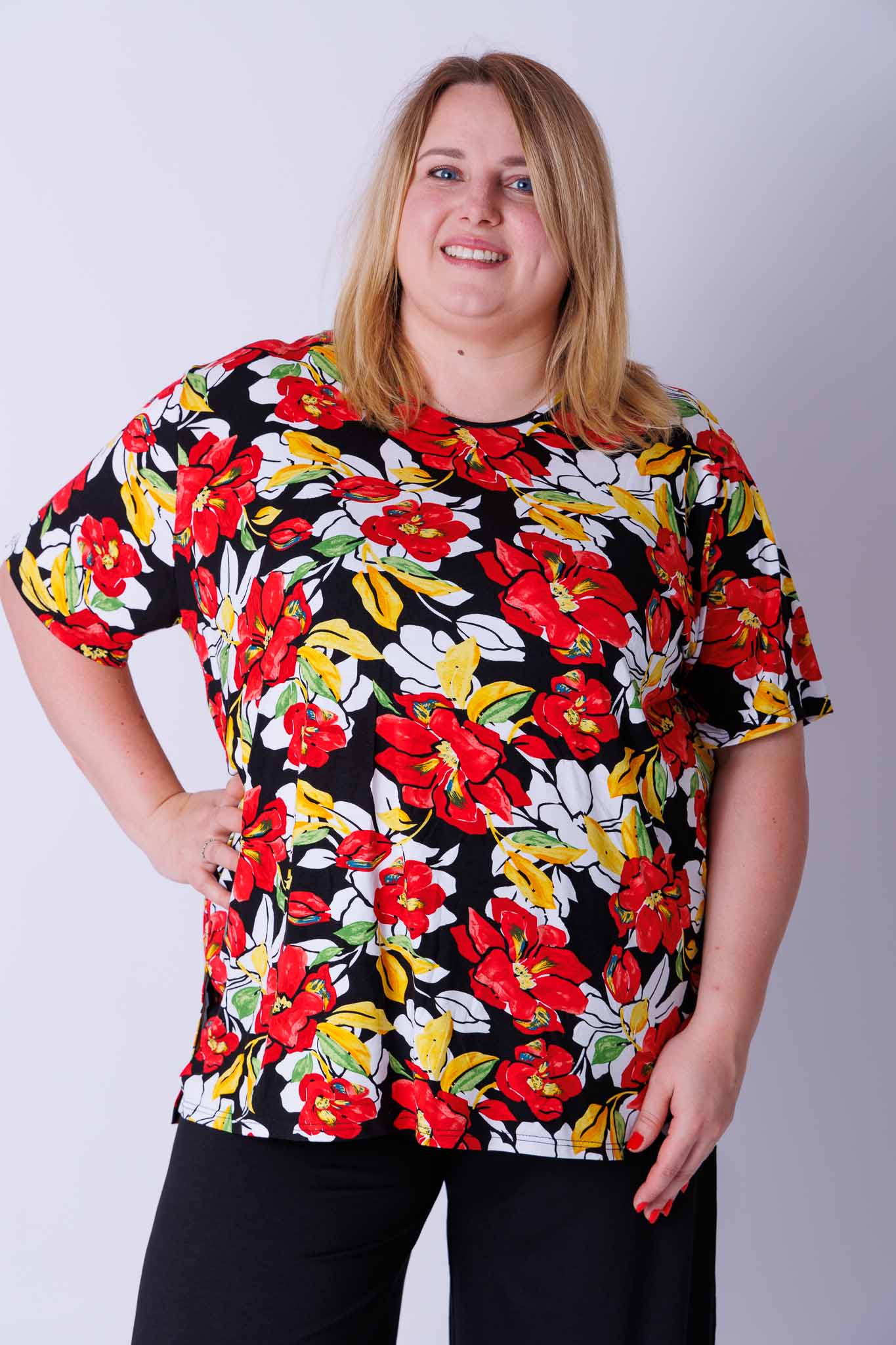 T-shirt Herma rode gele bloemen 80-82 cm viscose