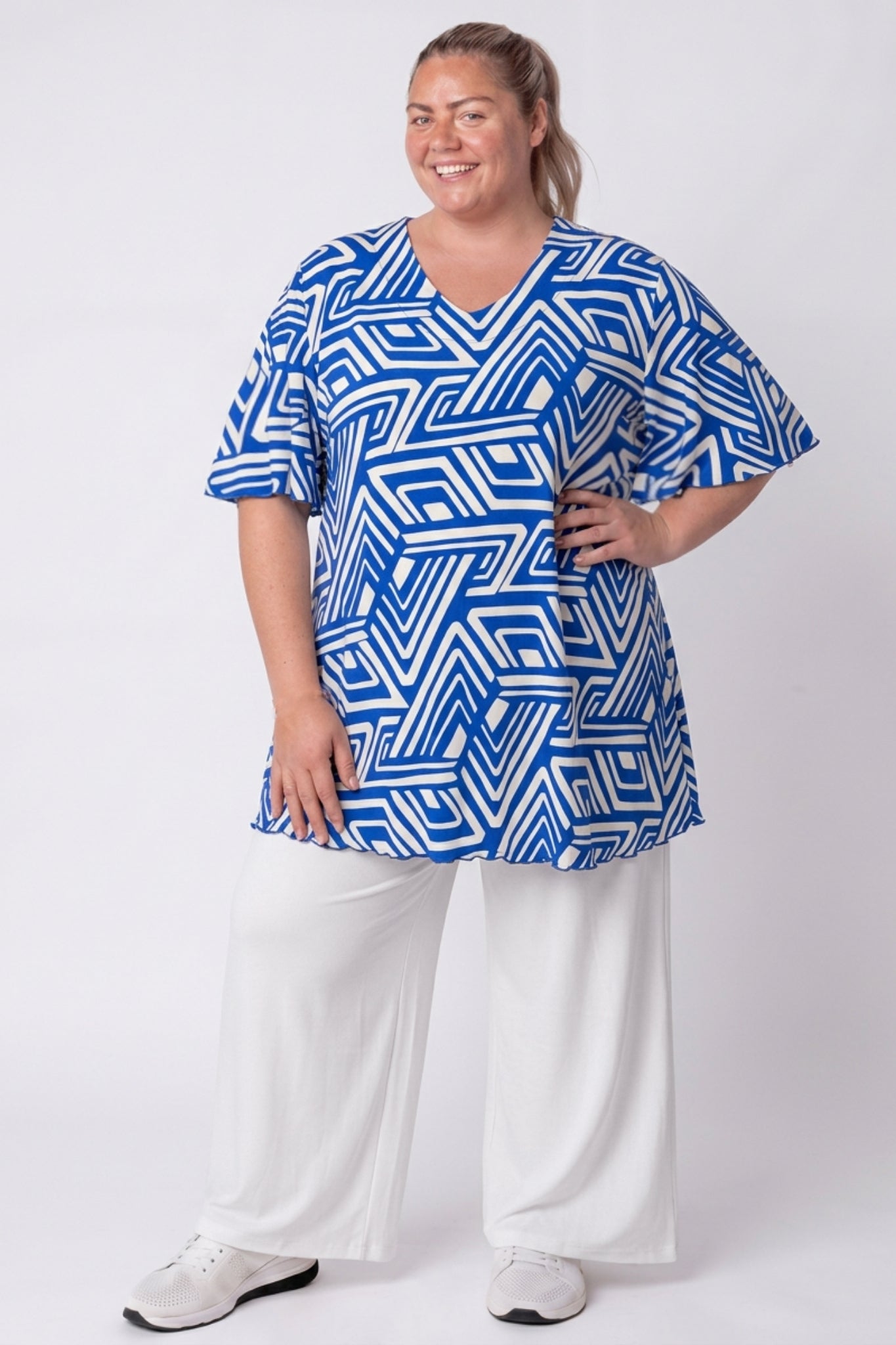 Top Karin 90cm | Cobalt Maze | Vlindermouw | Travelstof