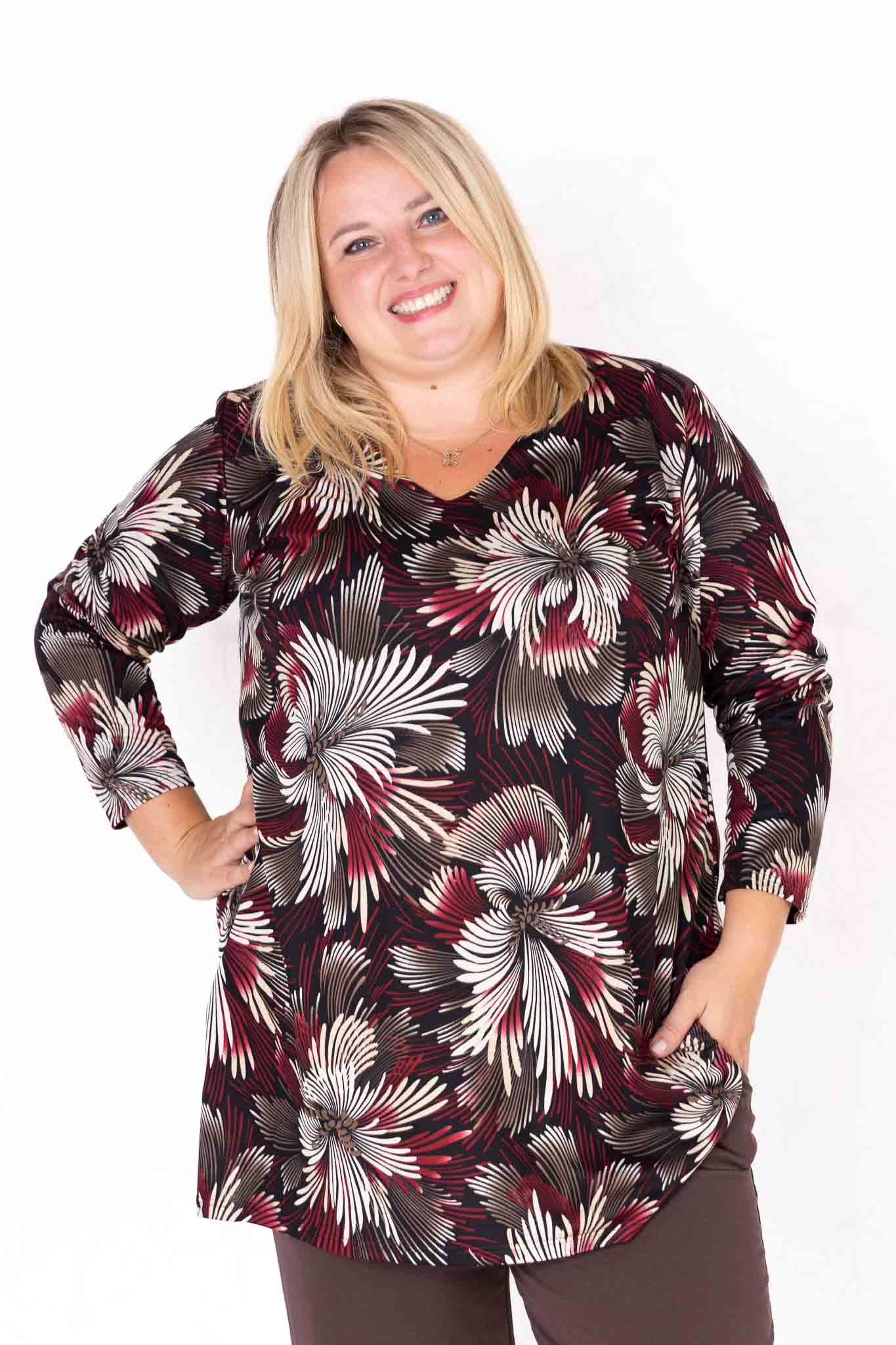 Top Erna | Modal | 90 cm | Bloemen bordeaux zwart taupe