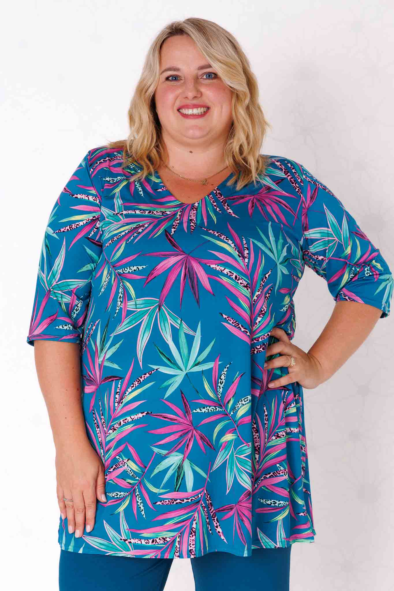 Top Erna – Varen/ Turquoise/Fuchsia l op Petrol |Travelstof 90 cm
