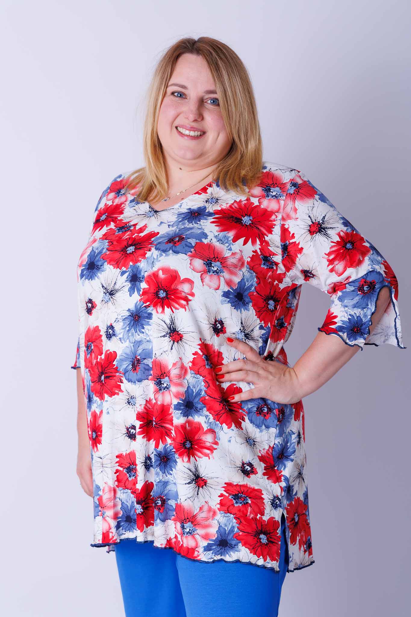 Top Erna driekwart klaprozen korenbloemen 90 cm viscose