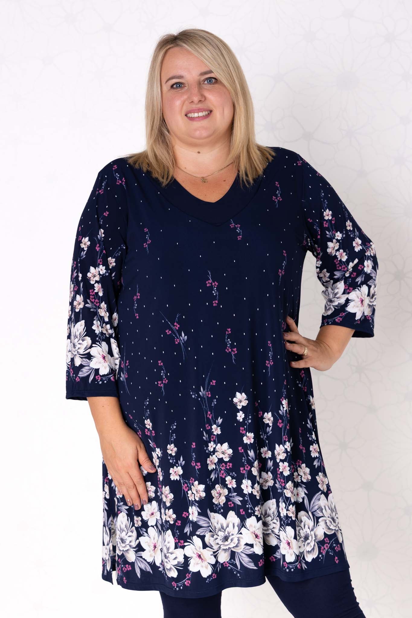 Tuniek Hollandia | Recht | 3/4 mouwen | Travelstof | Bloemen print | 100cm