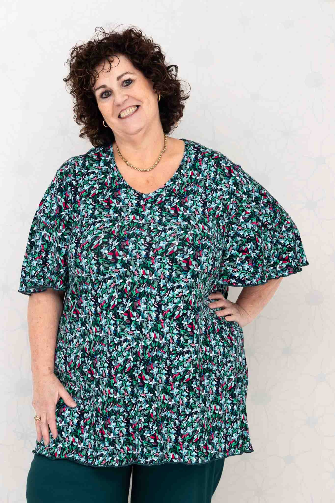 Top Karin - bloemen blaadjes turquoise groen fuchsia - 90cm - viscose