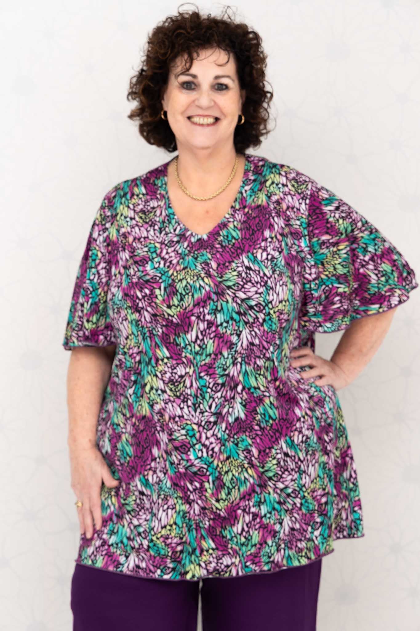 Top Karin - blaadjes paars groen - travelstof - 90cm