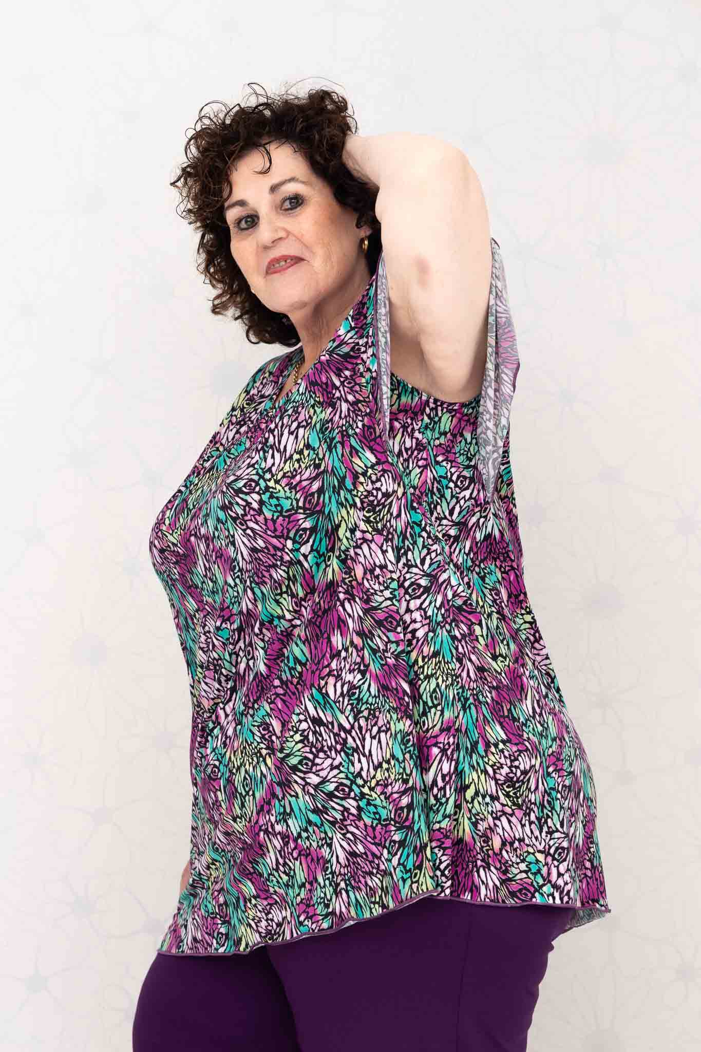 Top Karin - blaadjes paars groen - travelstof - 90cm