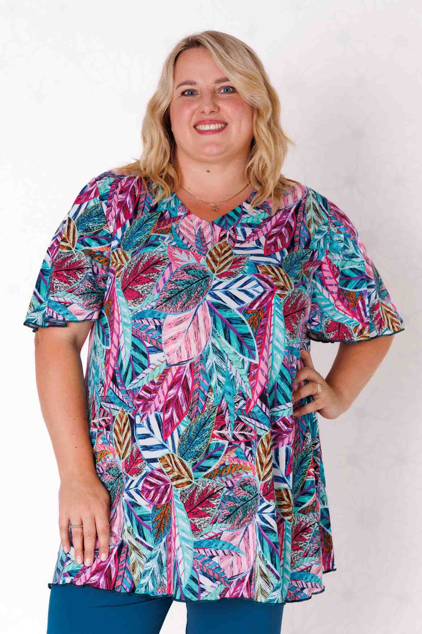 Top Karin – print "Bladeren" turquoise/paars/roze – travelstof – lengte 90 cm