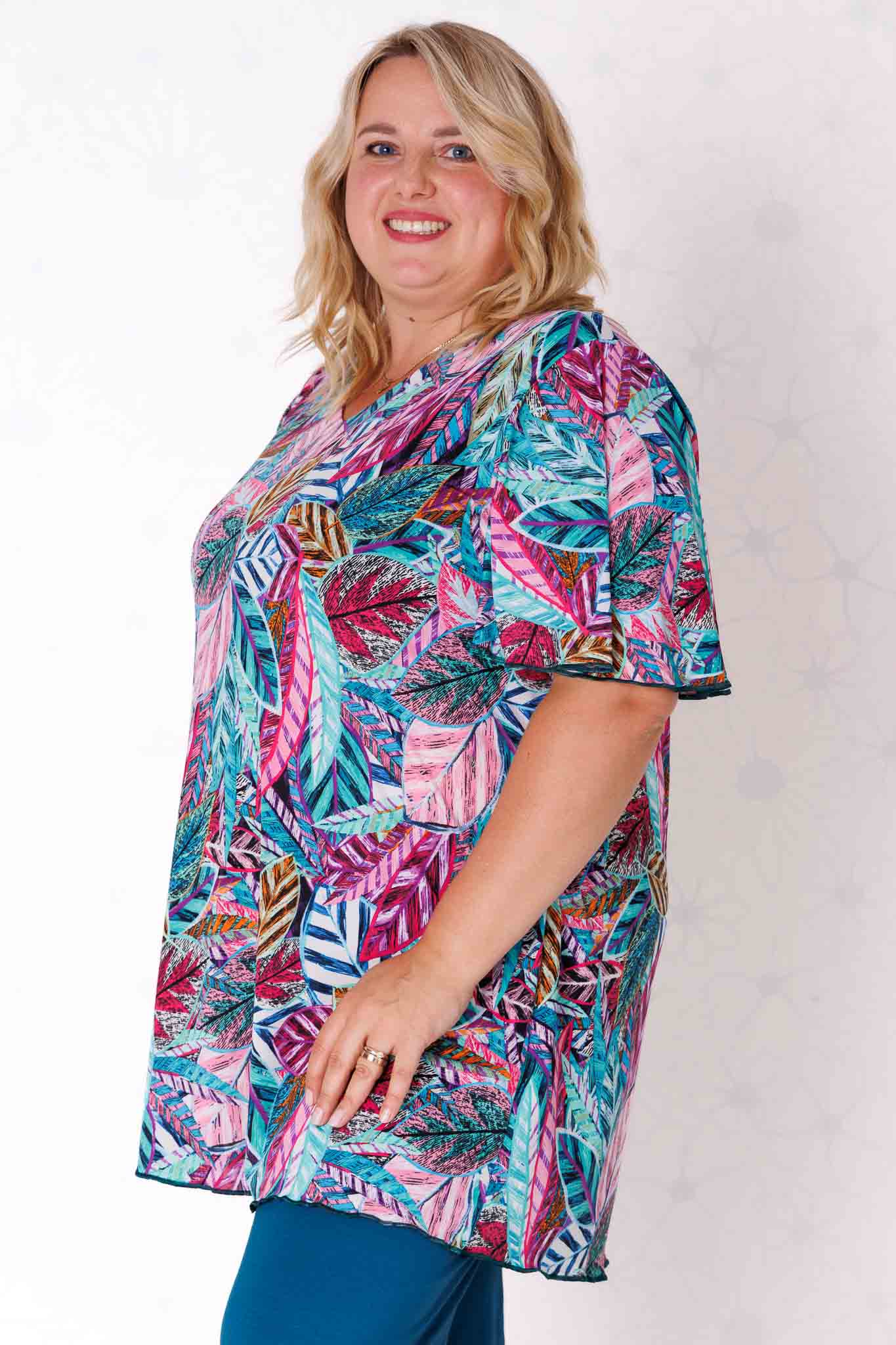 Top Karin – print "Bladeren" turquoise/paars/roze – travelstof – lengte 90 cm