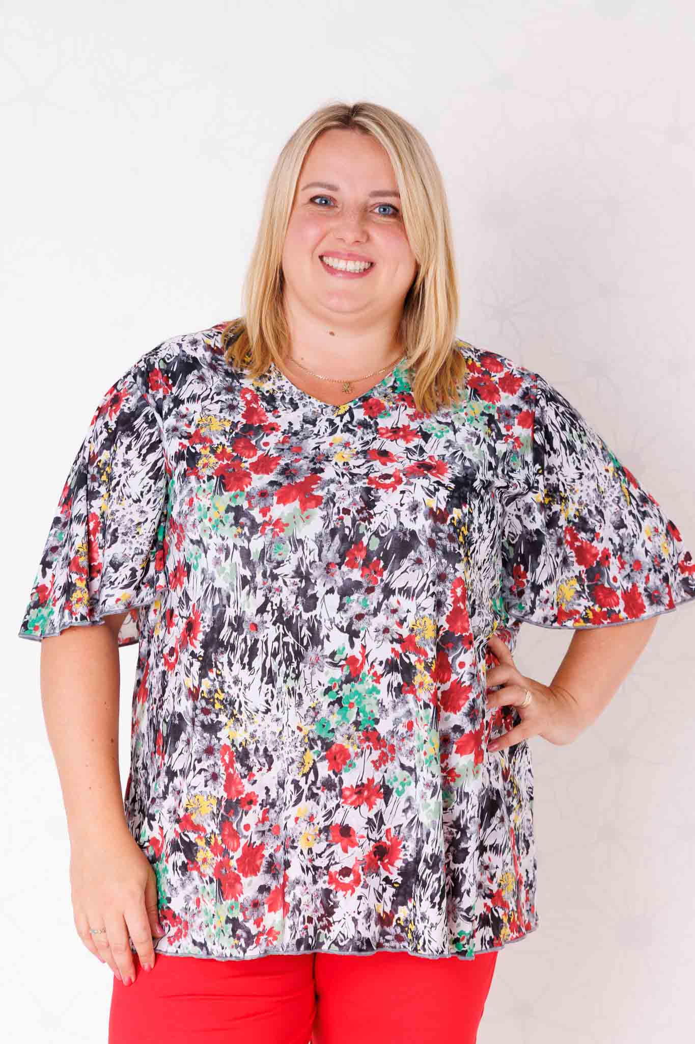 Top-Karin-bloemen-groen/rood/grafietgrijs-80cm-travelstof
