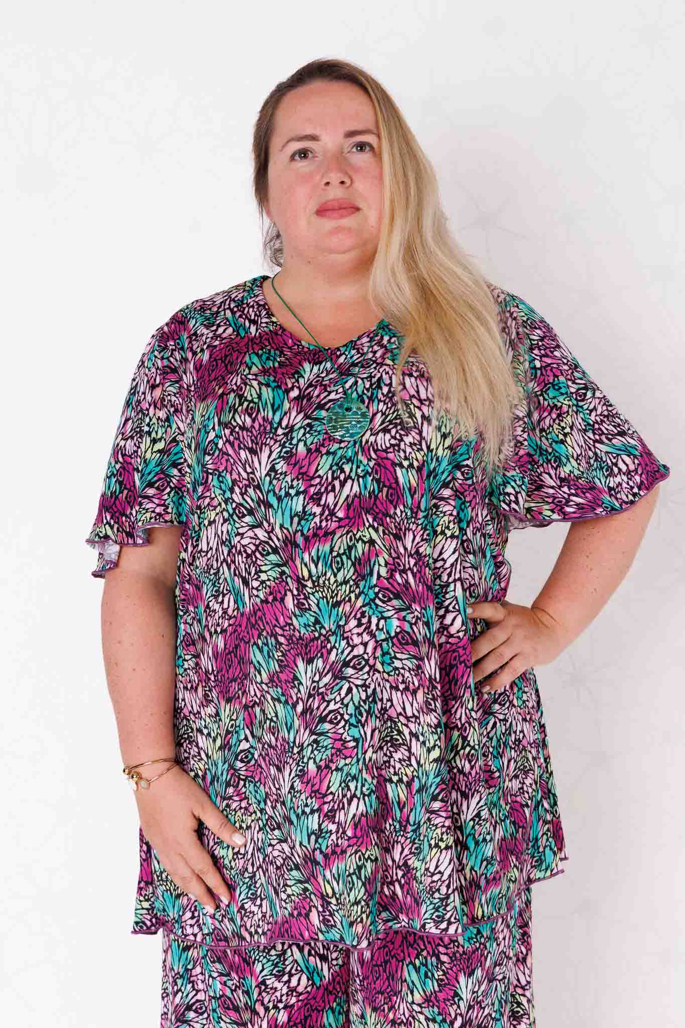 Top Karin - blaadjes paars groen - travelstof - 90cm