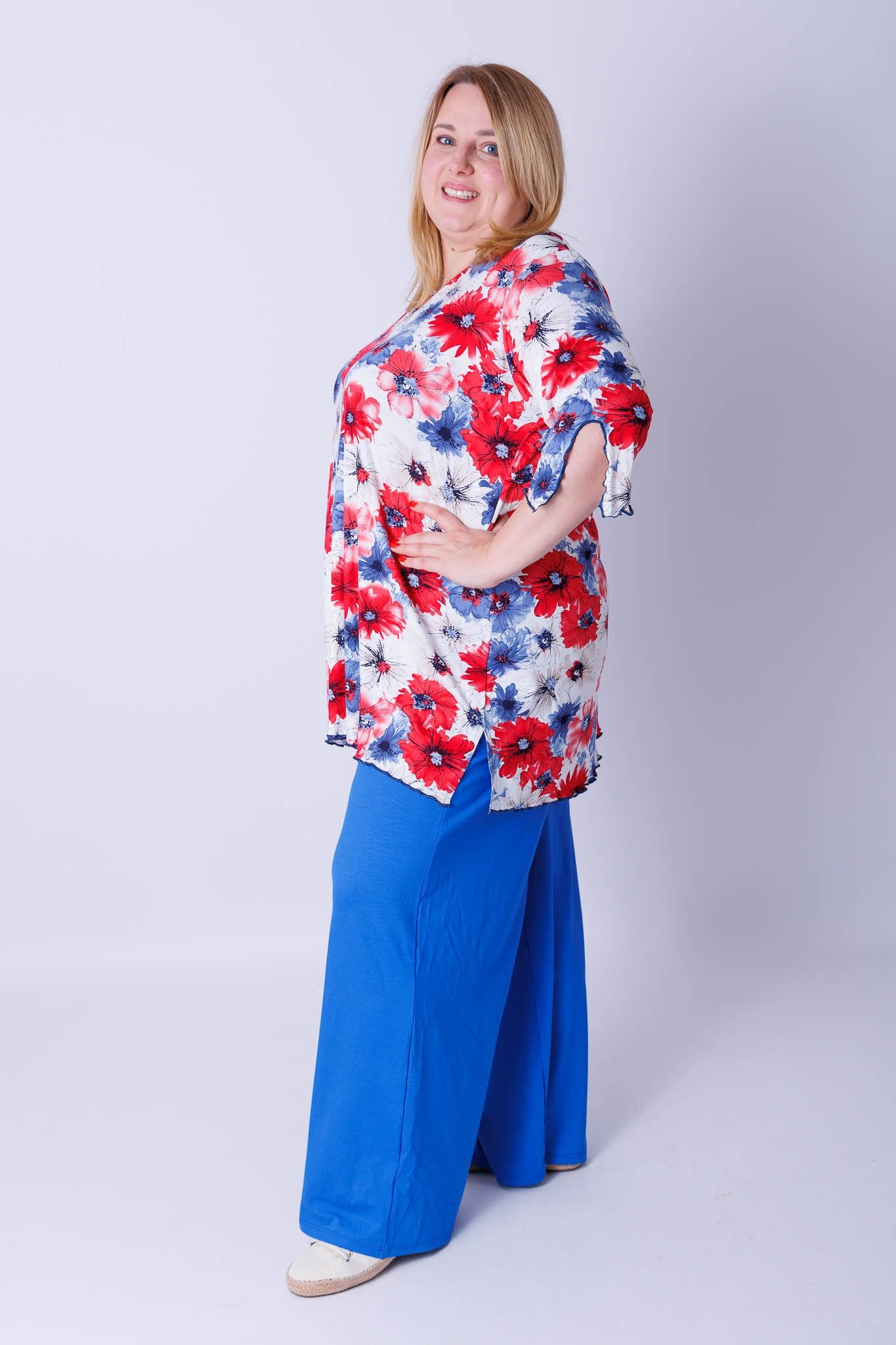 Top Erna driekwart klaprozen korenbloemen 90 cm viscose
