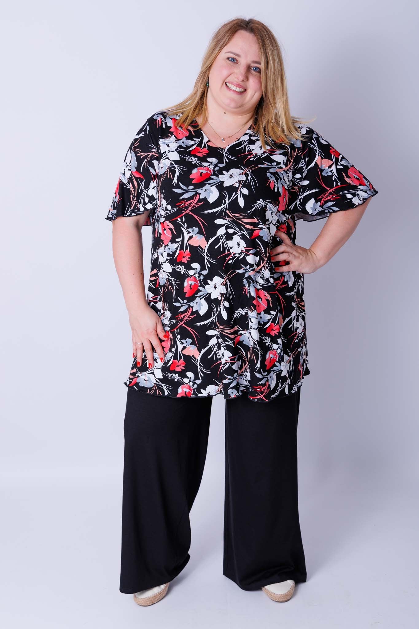 Top Karin rode witte bloemen 90 cm viscose