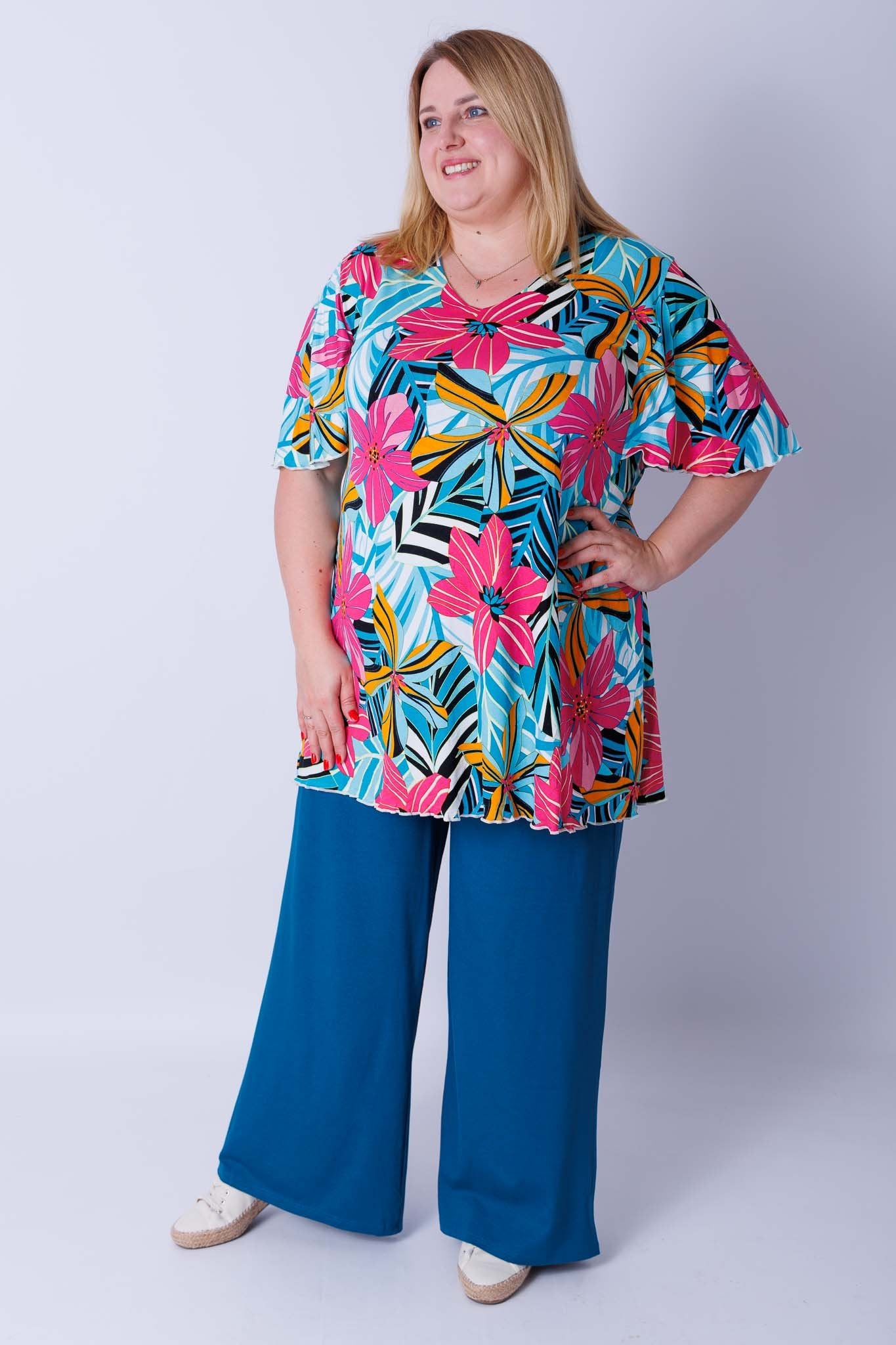 Top Karin roze turquoise blauw bloemen 90 cm viscose