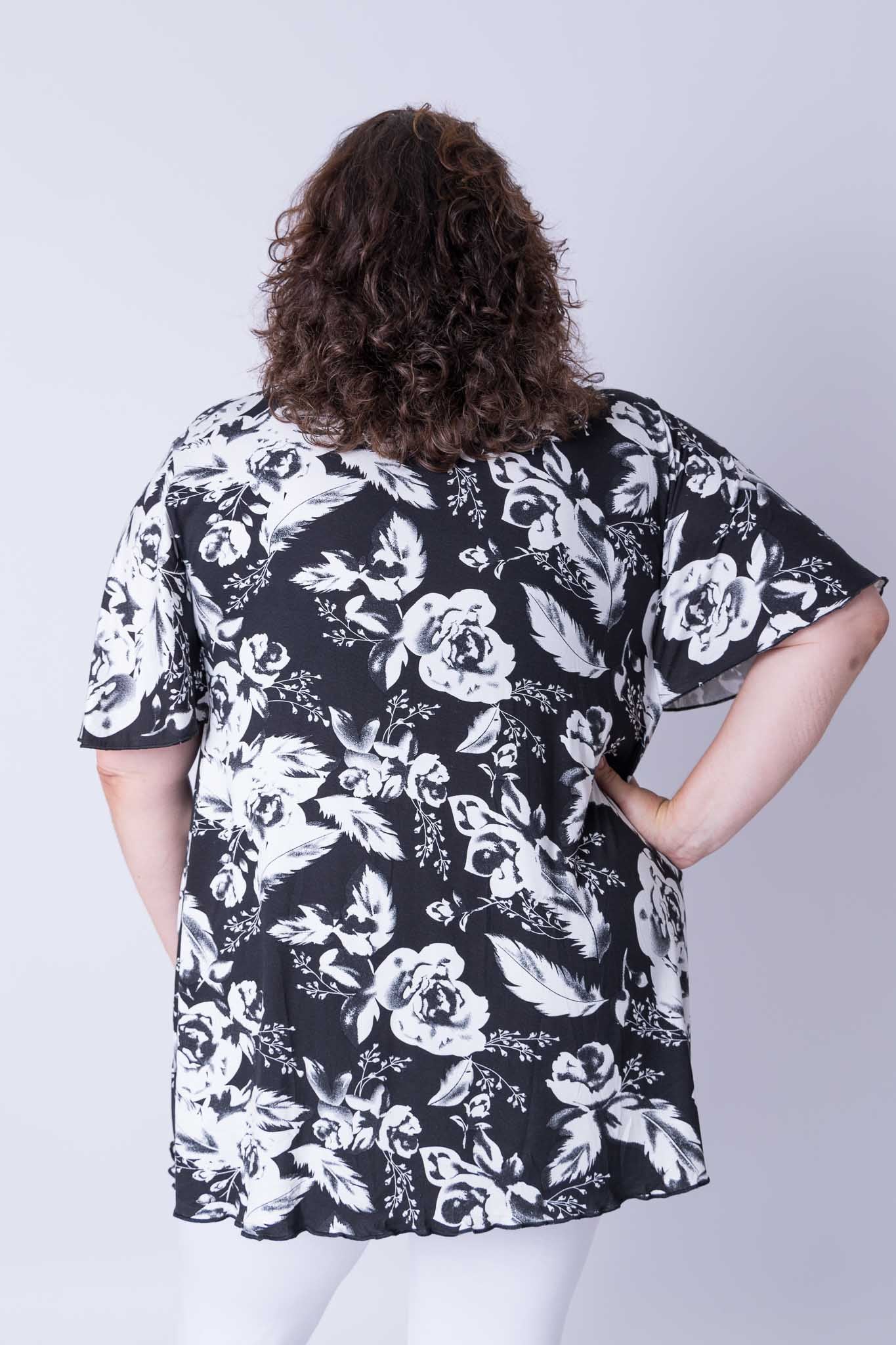 Top Karin witte bloemen en veren op zwart 90 cm viscose