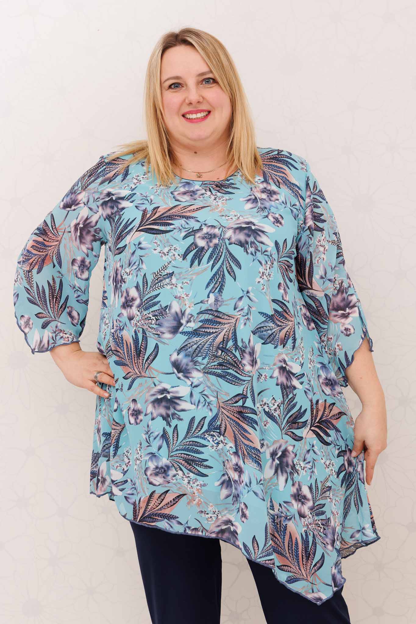 Tuniek Lotte turquoise asymmetrisch chiffon