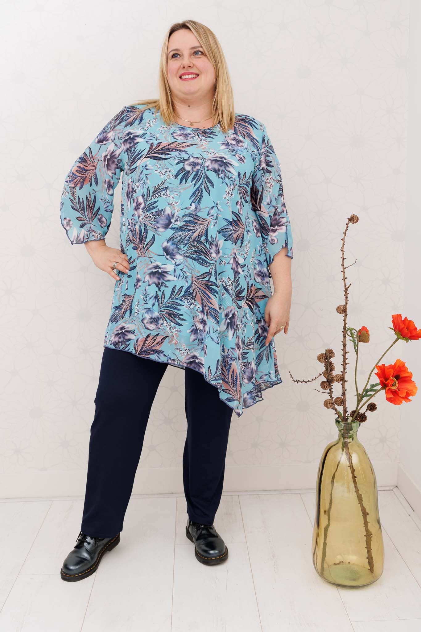 Tuniek Lotte turquoise asymmetrisch chiffon