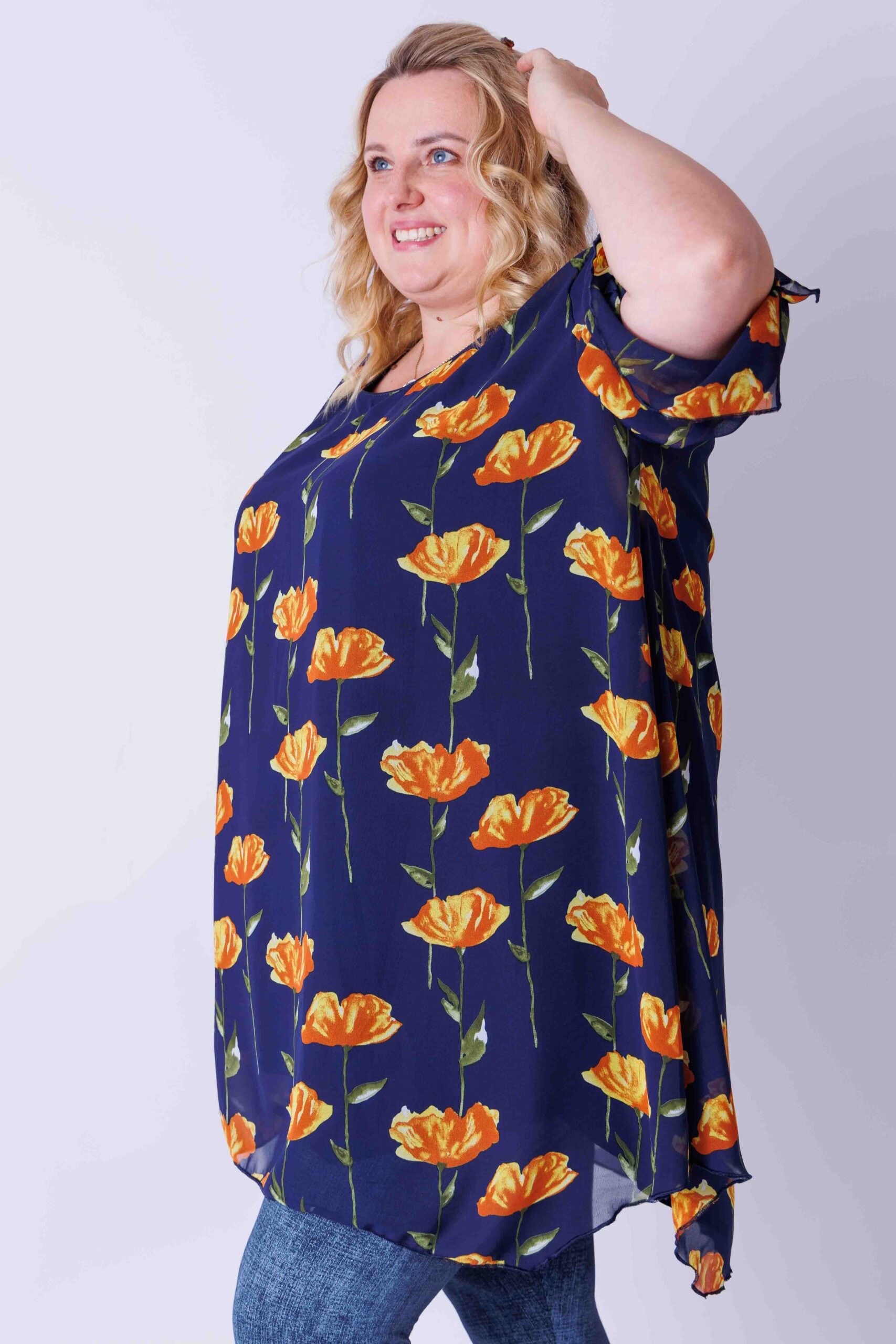 Tuniek Lotte asymmetrisch okergele rozen chiffon