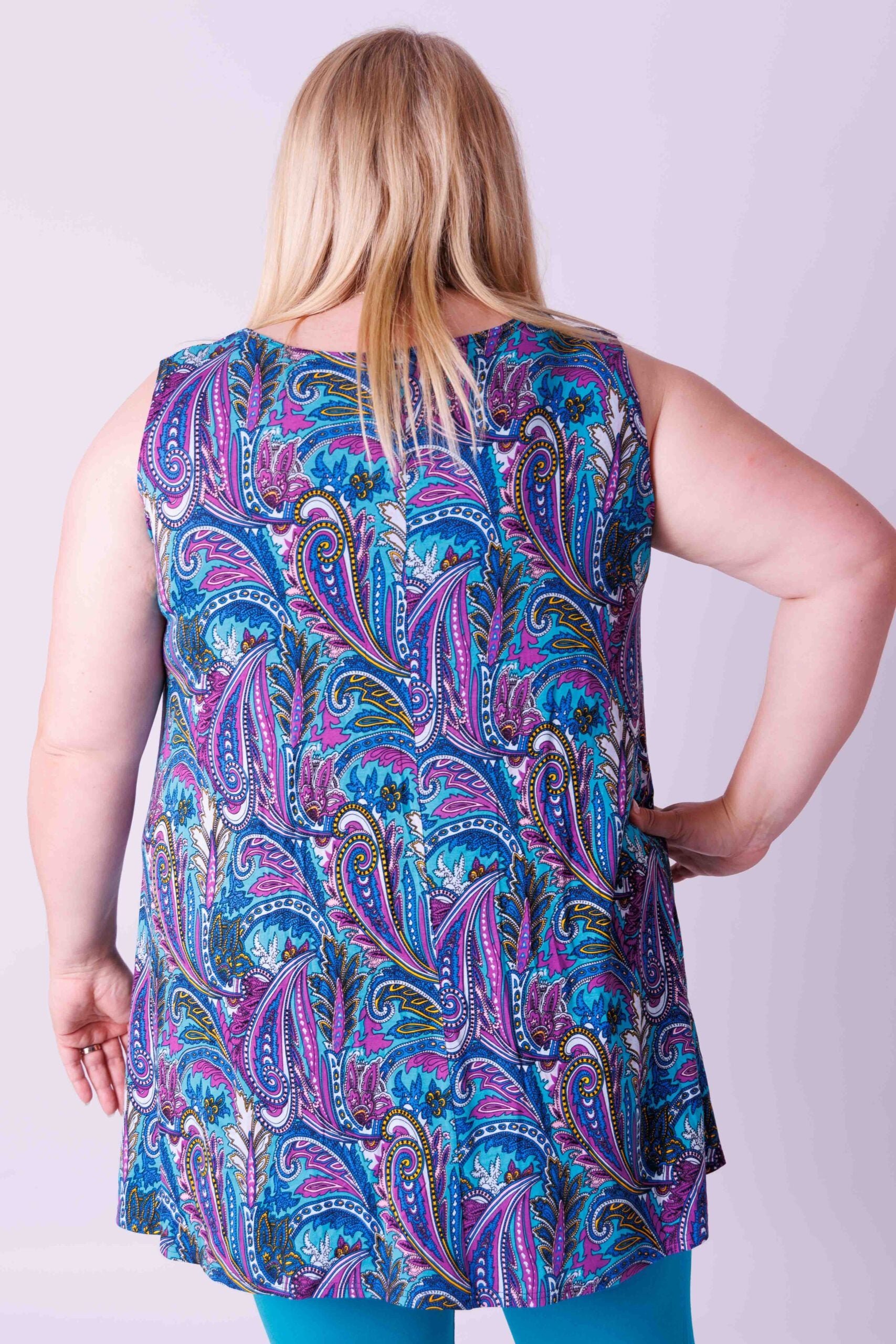 Top Ingrid, wijd mouwloos, paisley paars kobalt  85-90 cm viscose